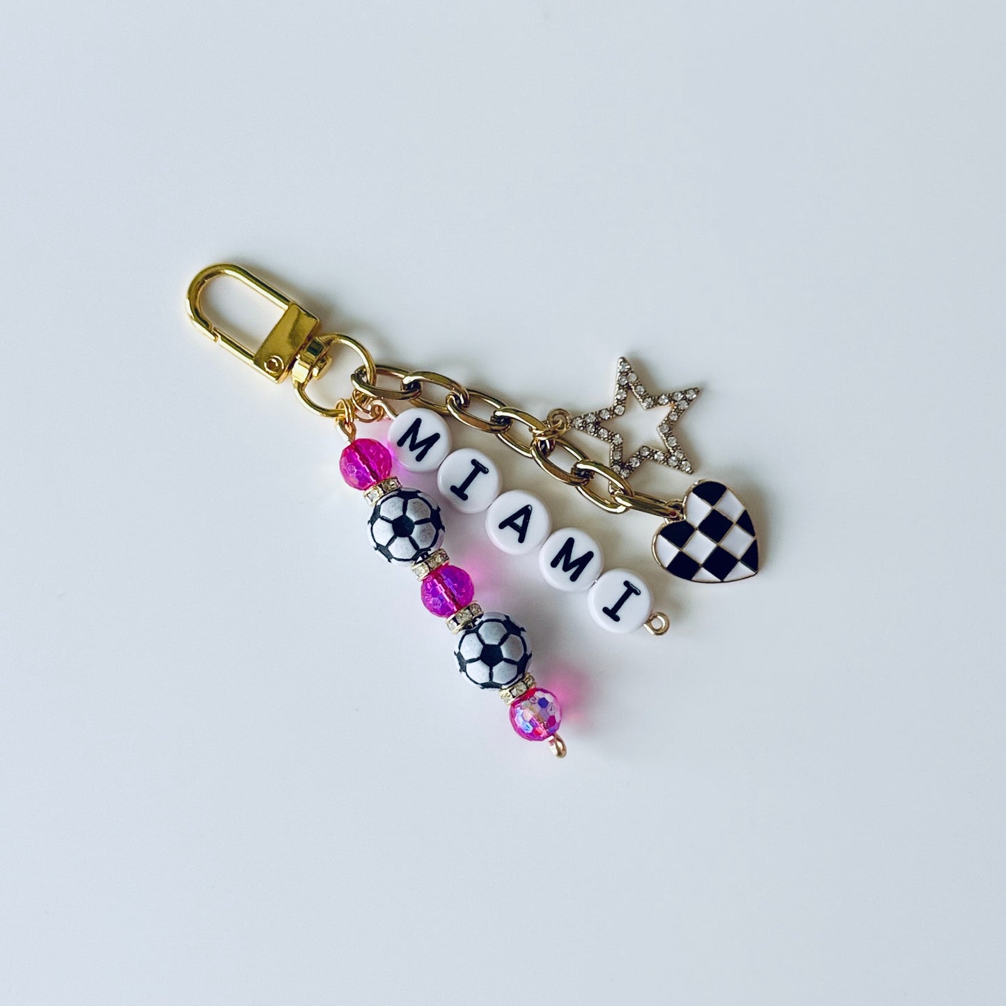 Men's Soccer Beaded Keychain: Gold Bag Charm with Enamel Heart and Star