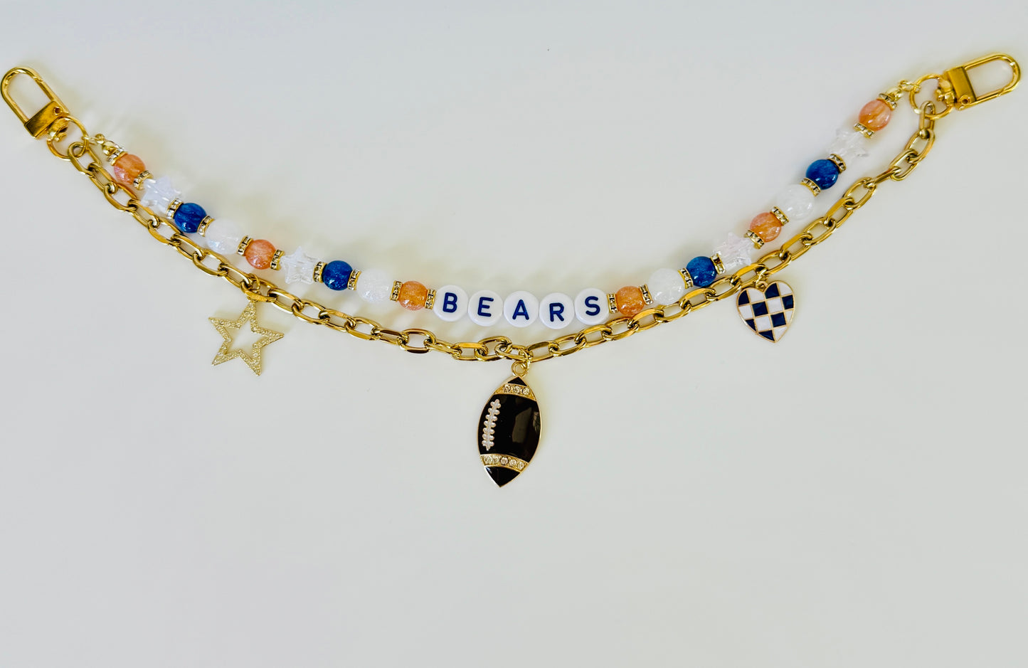 Bears Football Bag Charm or Chain – Orange & Navy Blue Beaded Keychain or Purse Accessory – Game Day Stadium Bag Clip – Handmade Gift