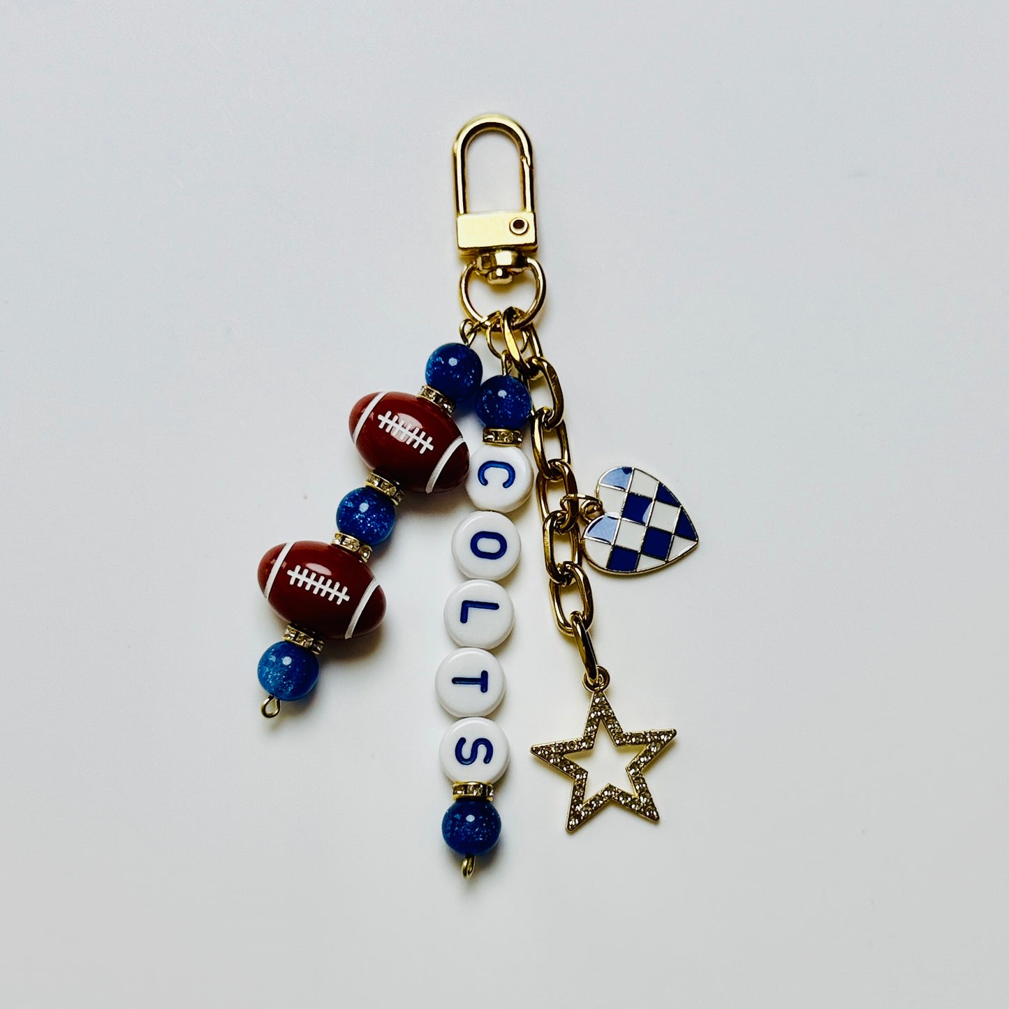 Colts Football Beaded Keychain: Gold Bag Charm with Enamel Heart and Star