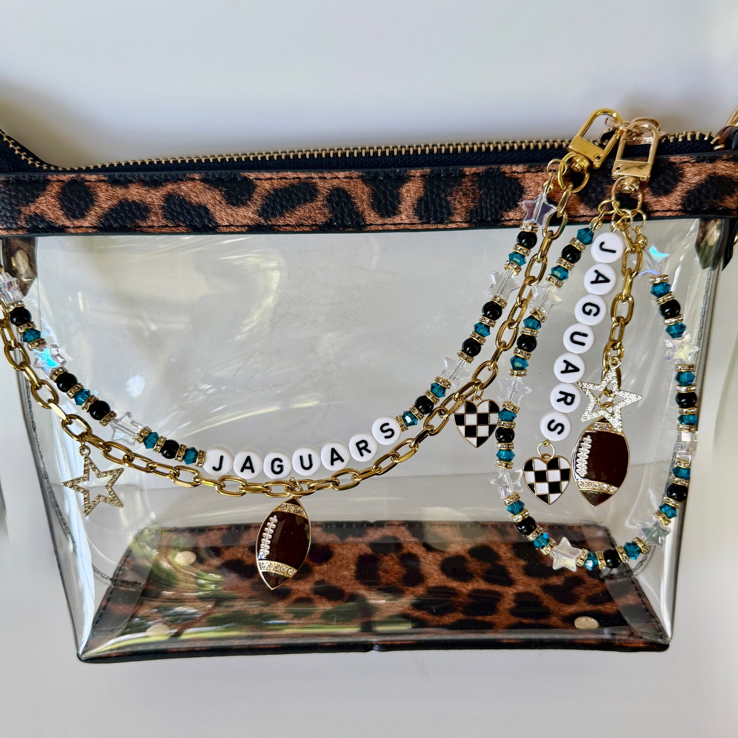 Jaguars Football Bag Charm or Chain – Teal Black Gold Beaded Keychain or Stadium Purse Clip – Game Day Accessory – Handmade Gift