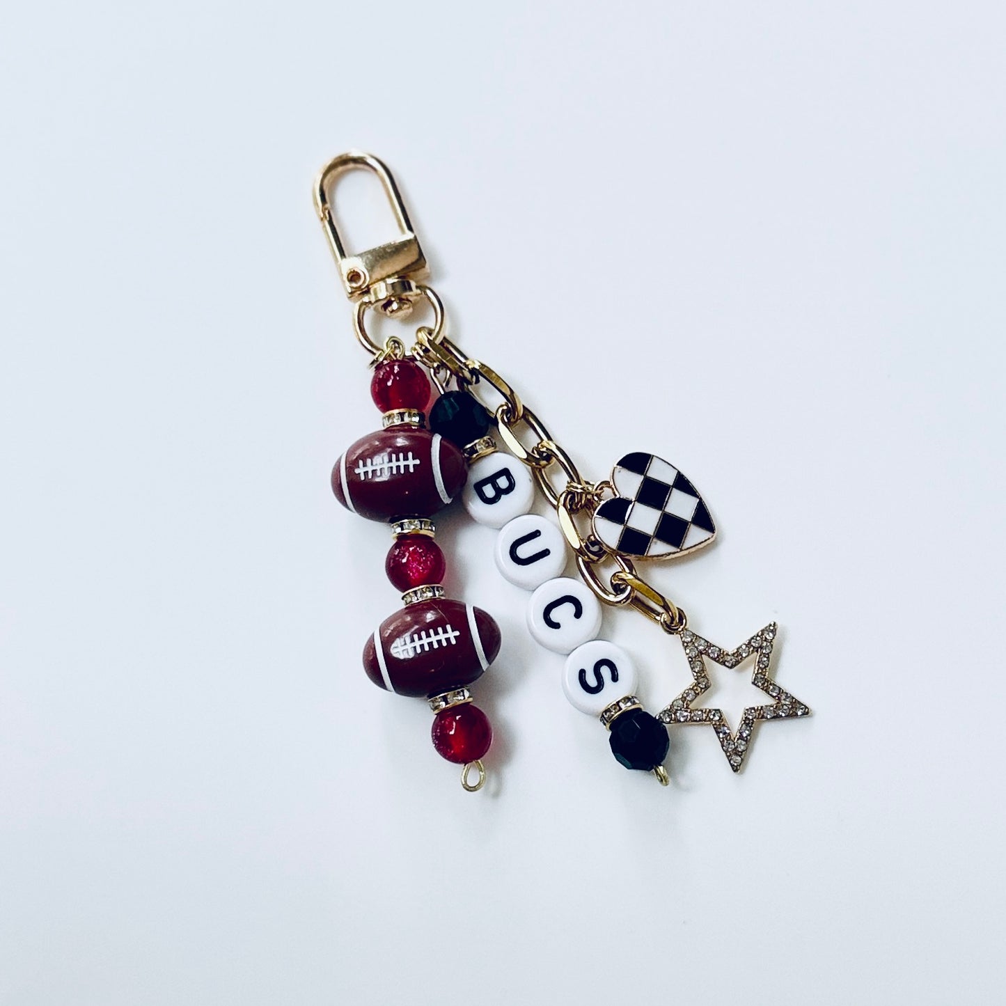 Buccaneers Football Beaded Keychain: Gold Bag Charm with Enamel Heart and Star