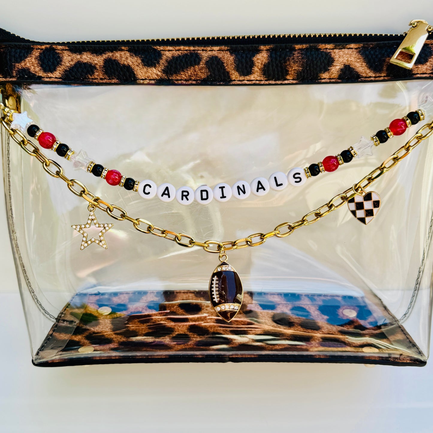 Cardinals Beaded Bag Charm or Gold Chain – Red & Black Football Purse Accessory, 6” Charm, 12.5” Chain, Custom Game Day Bag Jewelry