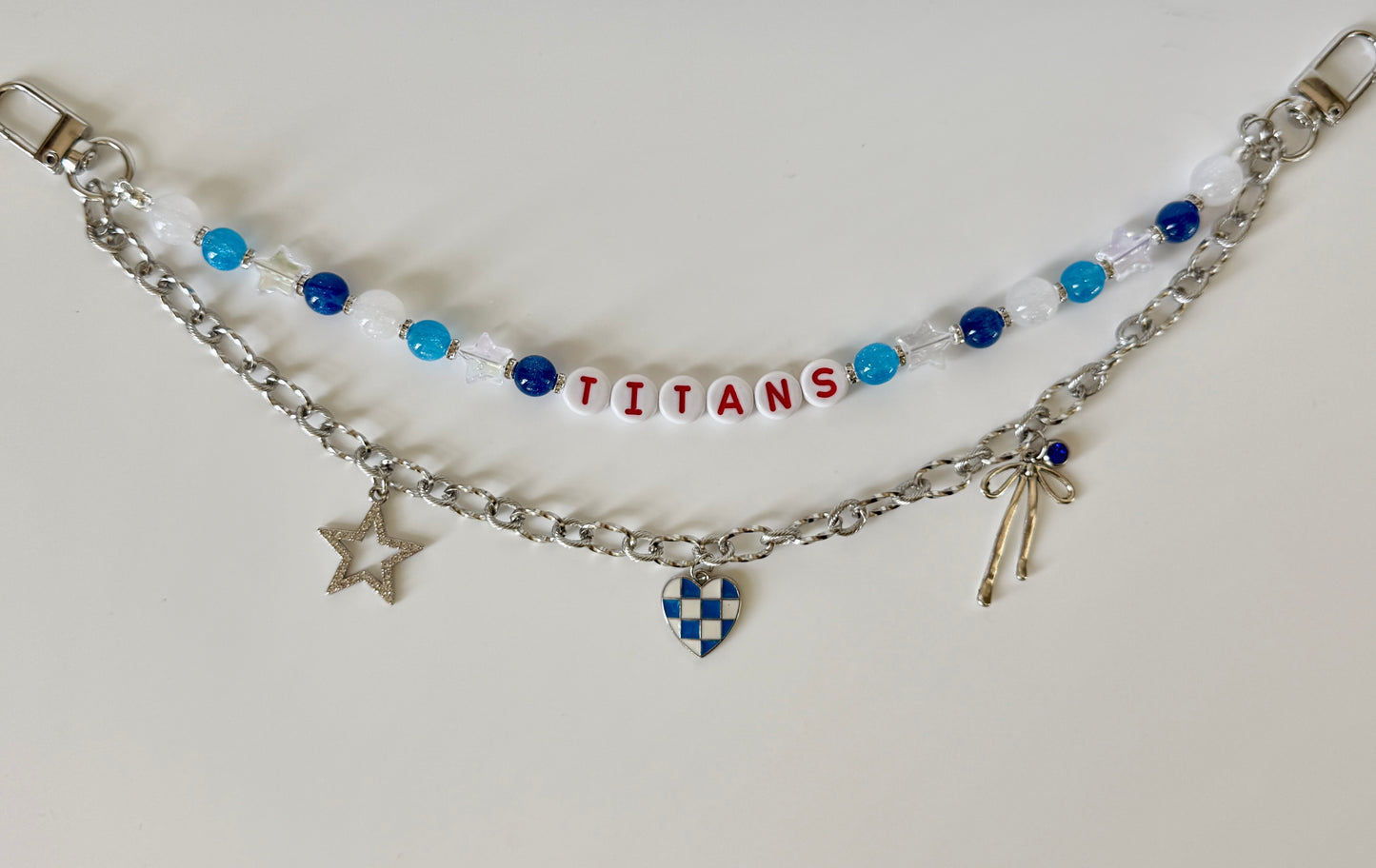 Titans Football Bag Charm or Chain – Blue & White Beaded Keychain or Purse Accessory – Game Day Stadium Bag Clip – Handmade Gift