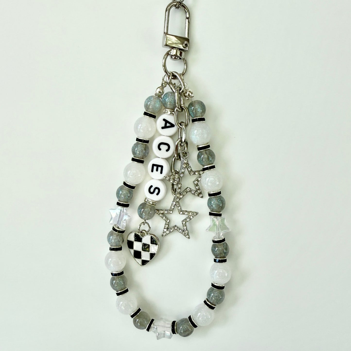 Aces Women’s Basketball, Silver, Black, White Basketball Bag Charm – 6.5” Handmade Beaded Keychain with Charms, Sports Bag Accessory, Resin Beads