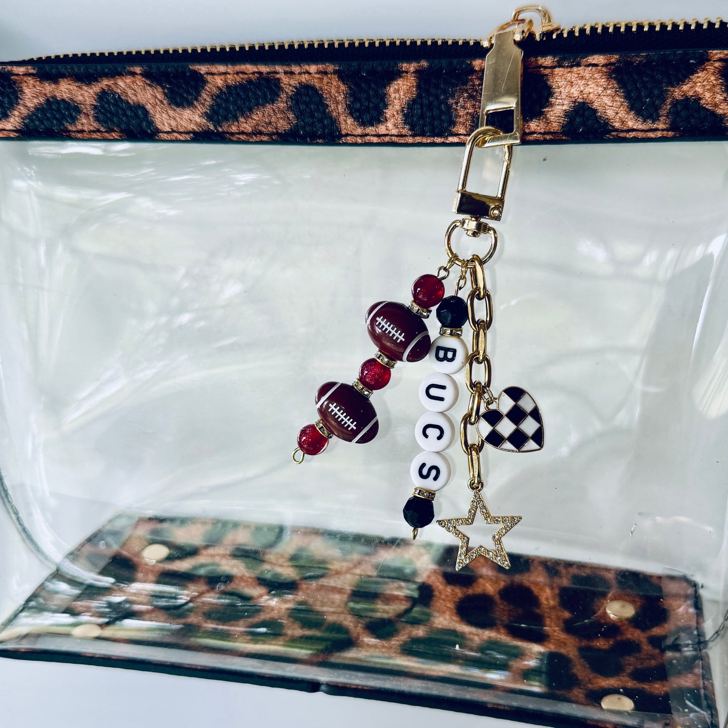 Buccaneers Football Beaded Keychain: Gold Bag Charm with Enamel Heart and Star