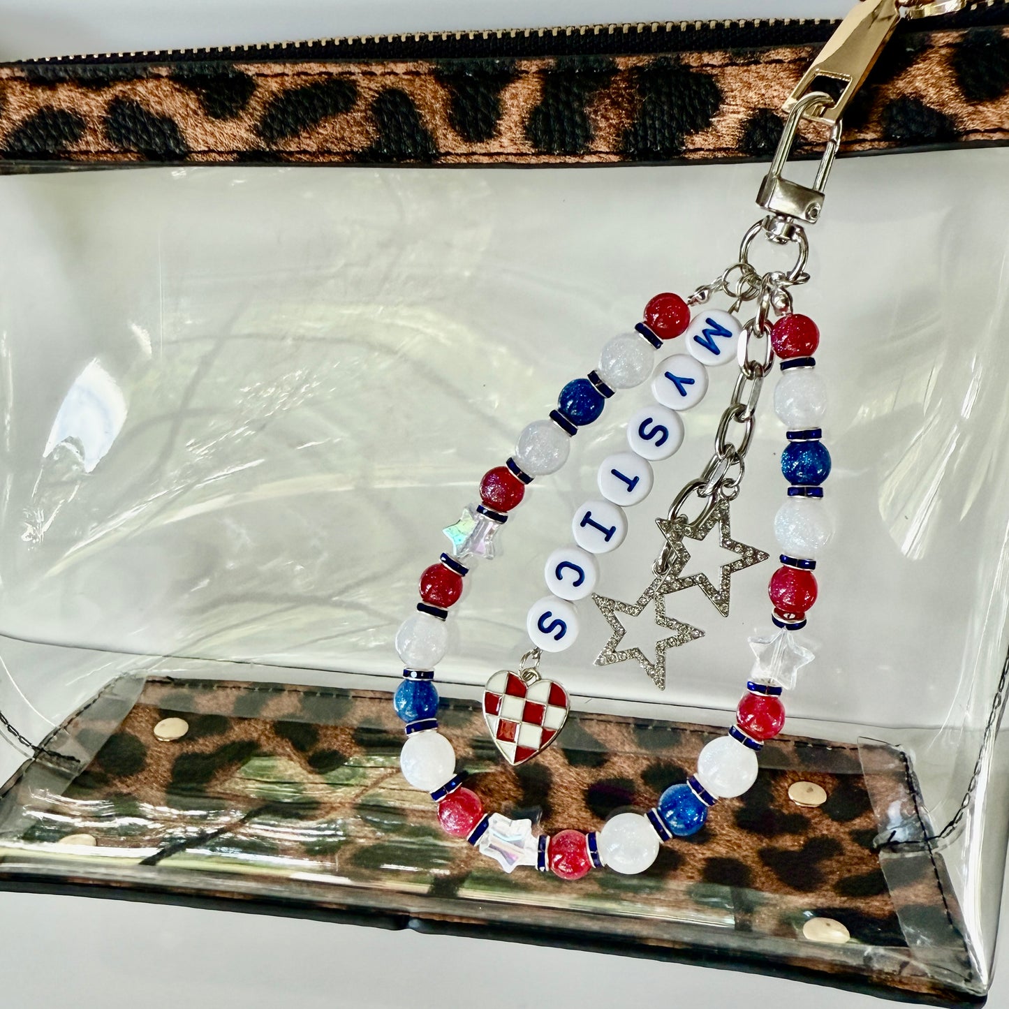 Mystics Women’s Basketball, Silver, Blue, Red, White Basketball Bag Charm – 6.5” Handmade Beaded Keychain with Charms, Sports Bag Accessory, Resin Beads