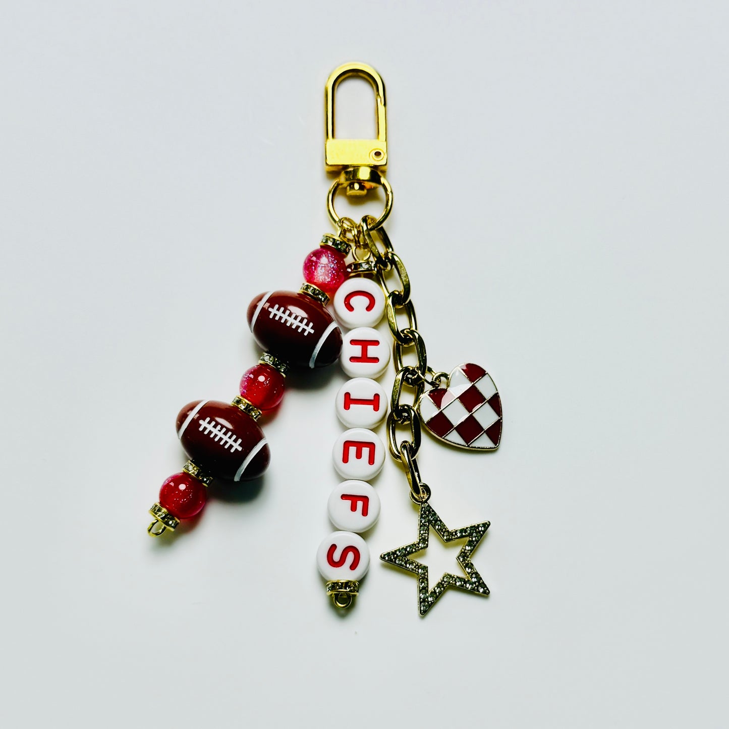 Chiefs Football Beaded Keychain – Gold Bag Charm with Letter Beads, Football Beads, & Enamel Heart