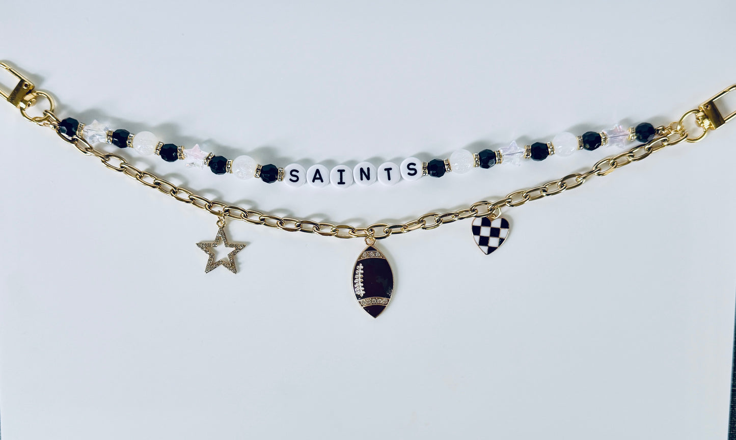 Saints Beaded Bag Charm or Gold Chain: Football Purse Accessory