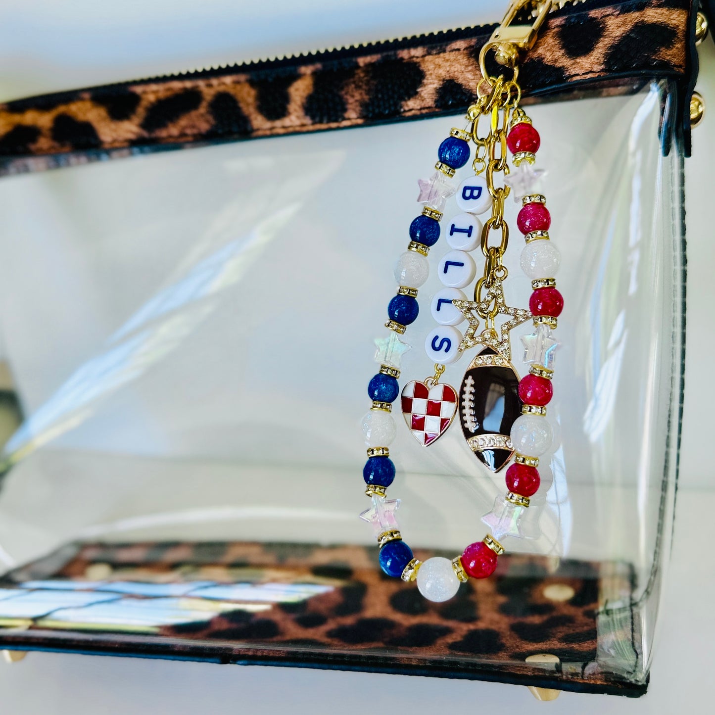 Bills Beaded Bag Charm or Gold Chain β Red White Blue Football Purse Accessory, 6β Charm, 12.5β Chain, Custom Game Day Bag Bling