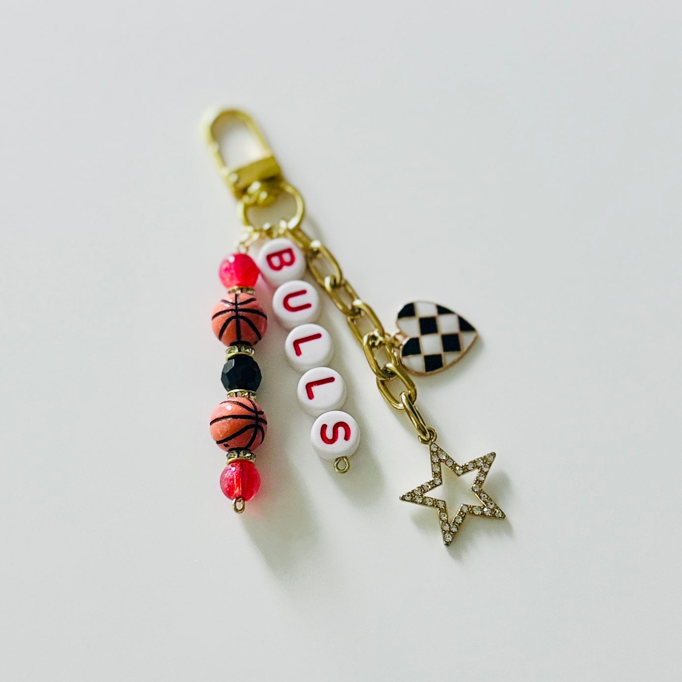 Bulls Basketball Keychain – Gold, Red & Black Beaded Keychain with Star and Heart Charms