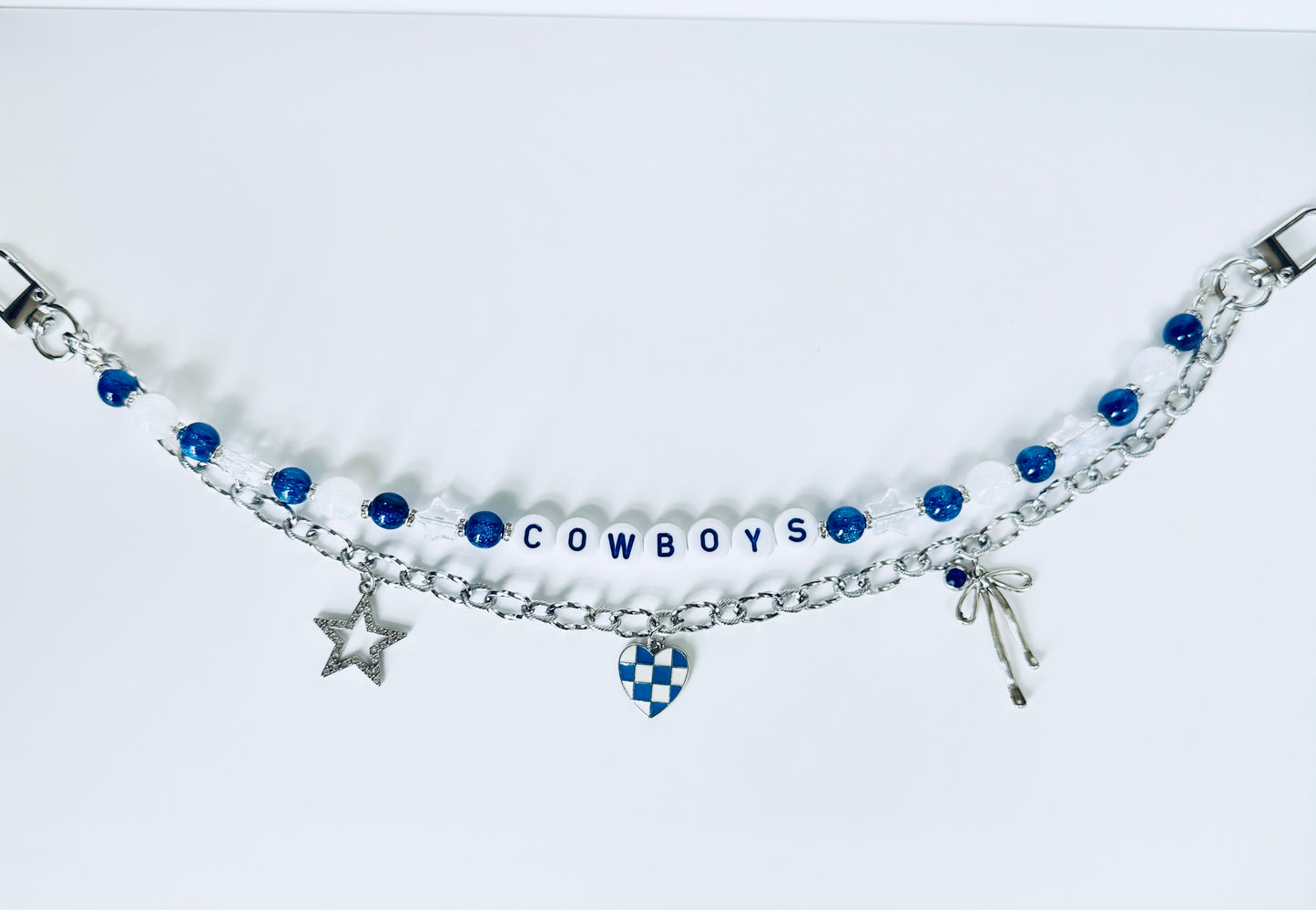 Cowboys Football Bag Charm or Chain – Blue & White Beaded Keychain or Purse Chain – Game Day Accessory – Handmade Gift