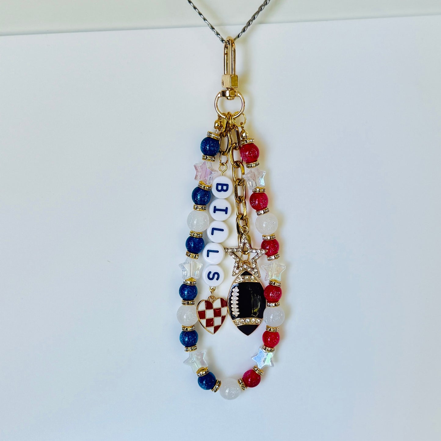 Bills Beaded Bag Charm or Gold Chain β Red White Blue Football Purse Accessory, 6β Charm, 12.5β Chain, Custom Game Day Bag Bling