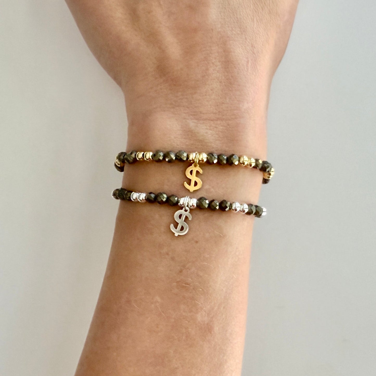 Pyrite Money Manifestation Bracelet: Gold or Silver Dollar Sign Charm