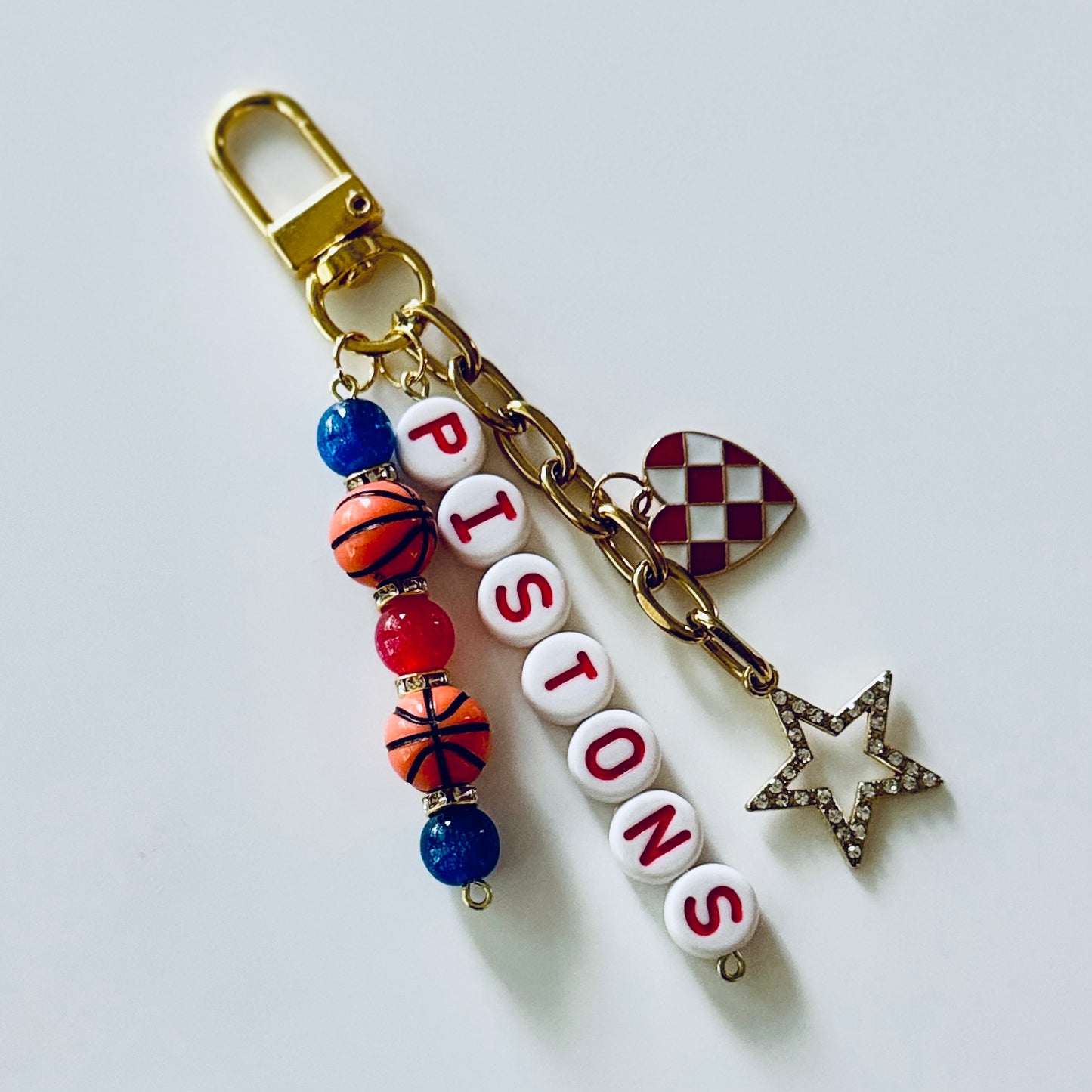 Pistons Basketball Keychain – Gold, Red & Blue Beaded Keychain with Star and Heart Charms