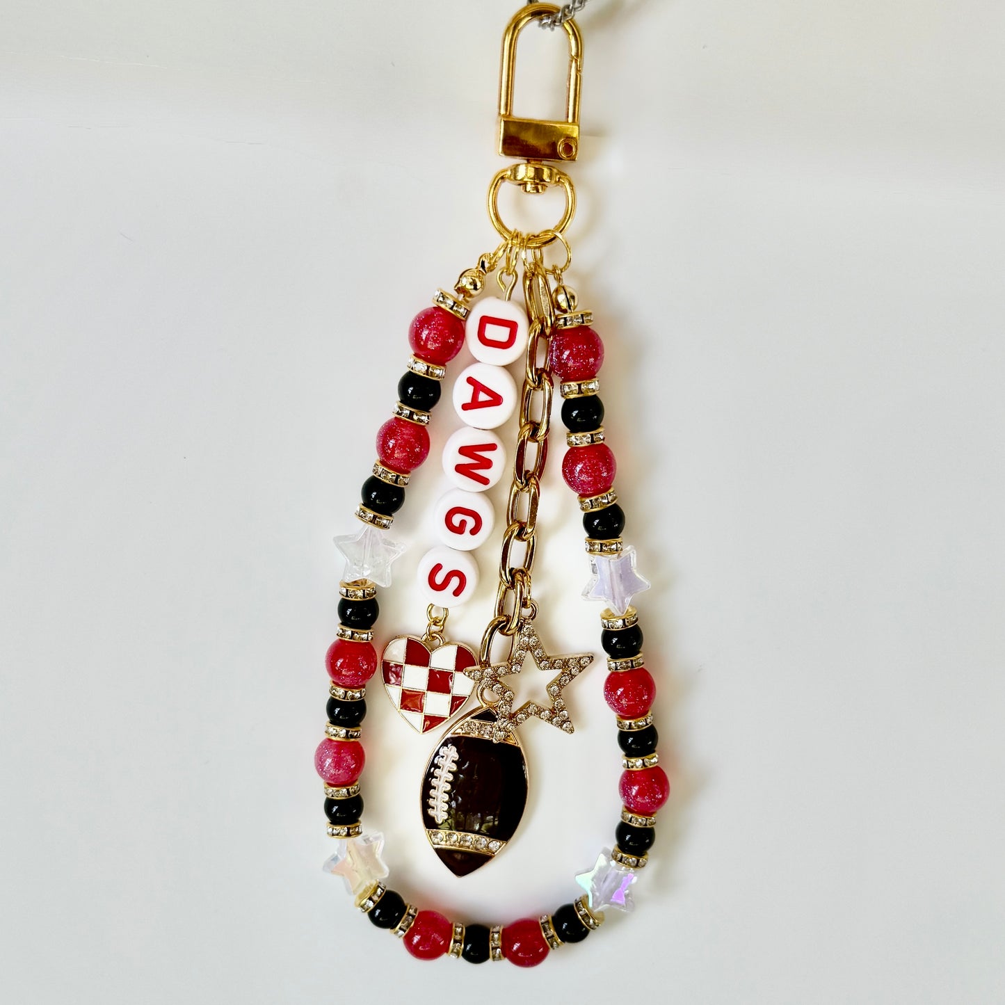 Dawgs College Football Bag Charm – Red, Black & White Beaded Keychain with Charms – Game Day Purse Clip – Handmade Spirit Gift