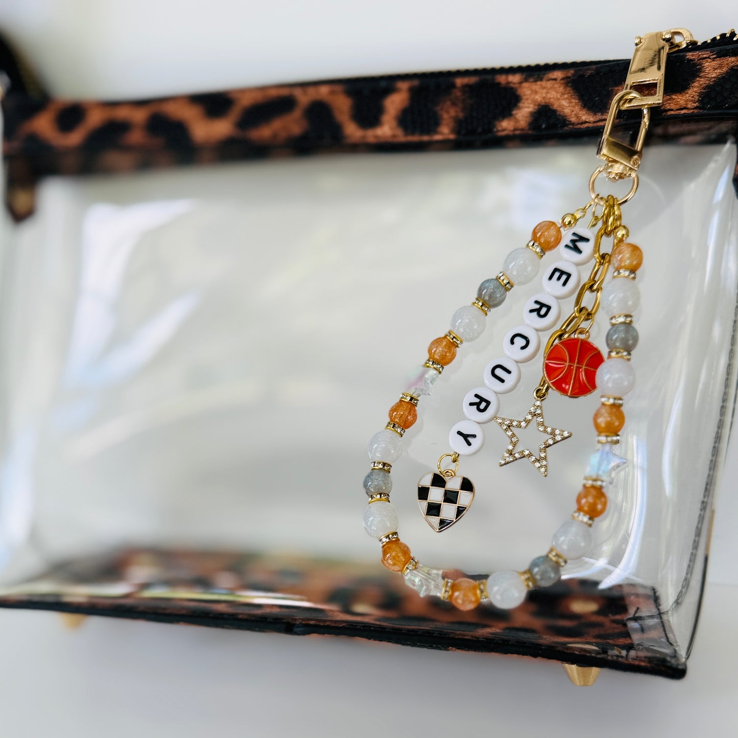 Mercury, Women’s Orange, Black, Gray Basketball Bag Charm – 6.5” Handmade Beaded Keychain with Charms, Sports Bag Accessory, Resin Beads