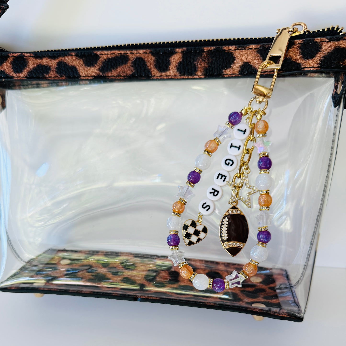 Tigers College Football Bag Charm – Purple, Orange & White Beaded Keychain with Charms – Game Day Purse Clip – Handmade Gift