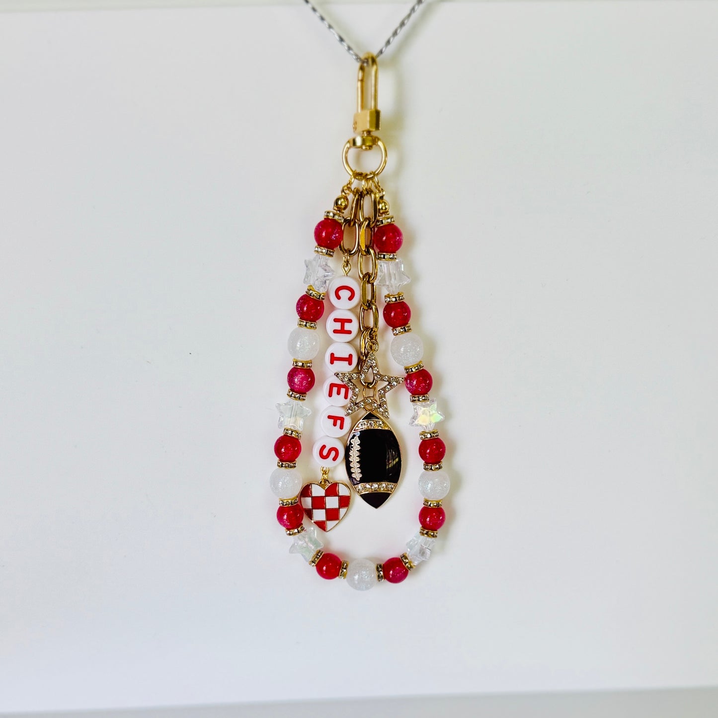 Chiefs Red & White Beaded Bag Charm or Gold Chain β Football Purse Accessory, 6β Beaded Charm, 12.5β Chain, Custom Game Day Add-On