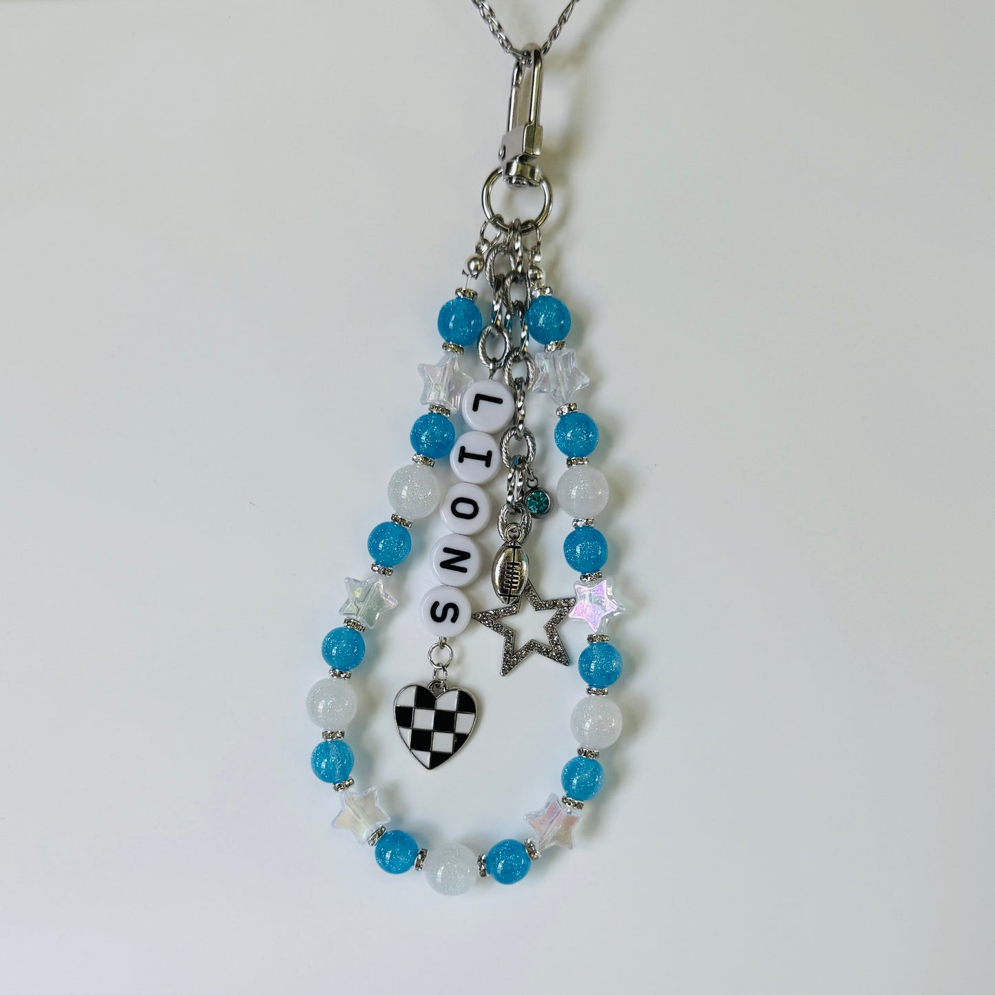 Lions Beaded Bag Charm or Silver Chain β Blue & White Football Purse Accessory, 6β Charm, 12.5β Chain, Game Day Bag Jewelry