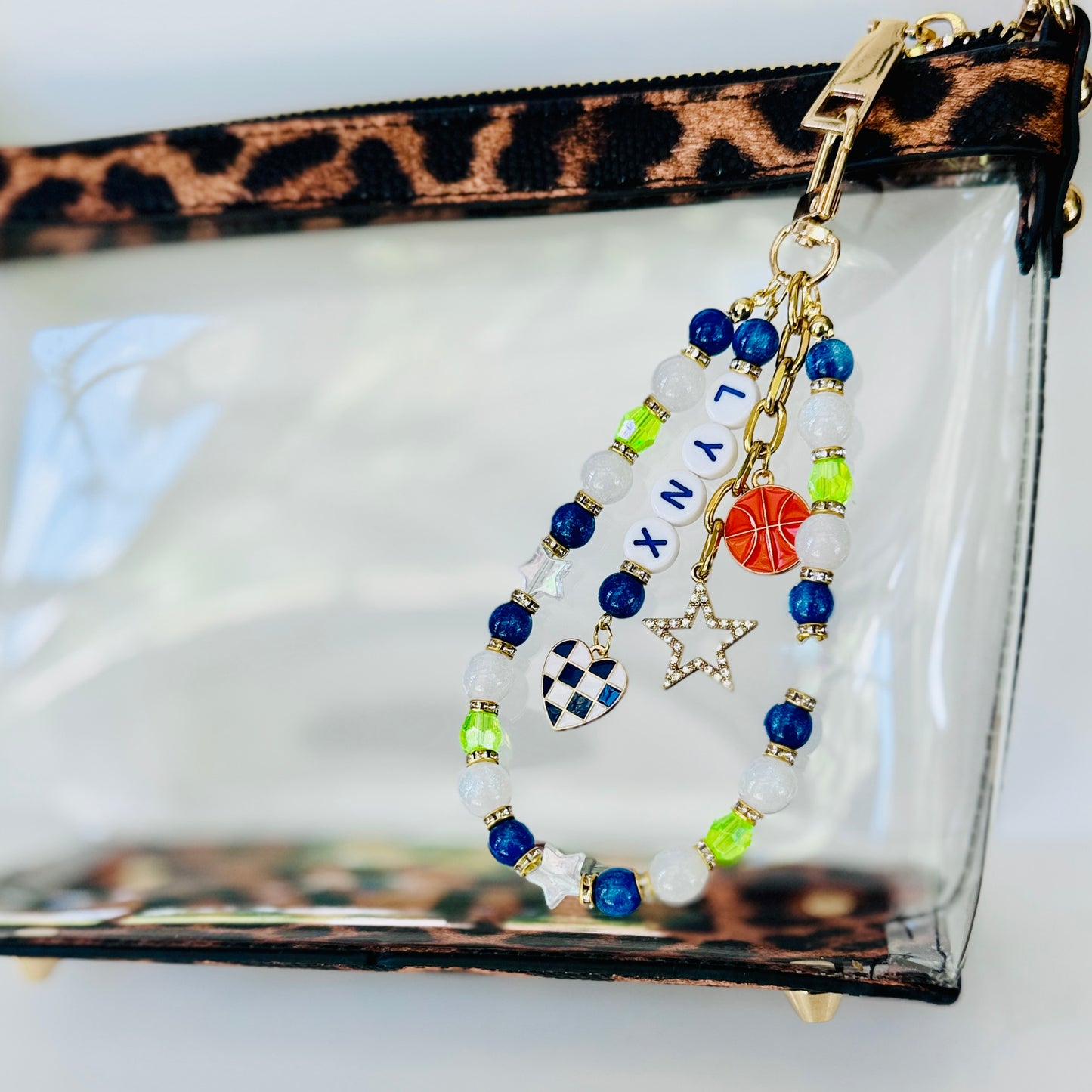 Lynx Basketball Bag Charm: Handmade Blue & Green Beaded Keychain with Star & Heart Charms