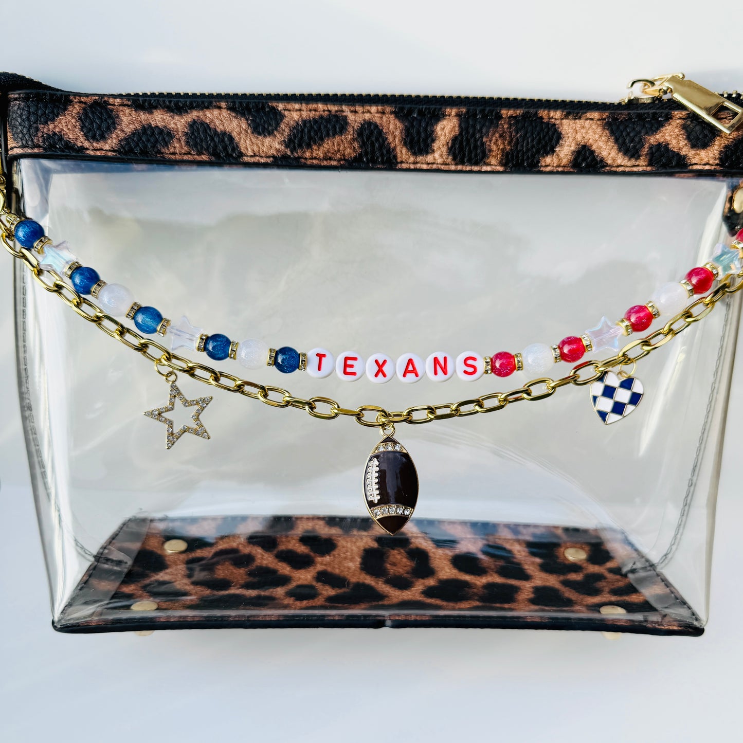 Texans Beaded Bag Charm or Gold Chain β Red White Blue Football Purse Accessory, 6β Charm, 12.5β Chain, Custom Game Day Bag Jewelry