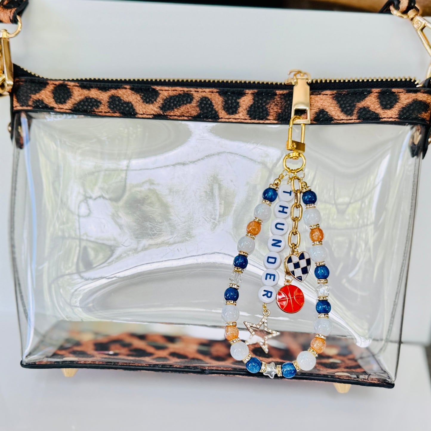 Thunder Basketball Bag Charm – Blue, Orange & White Beaded Purse Accessory with Star & Heart Charms, Handmade Fan Gift
