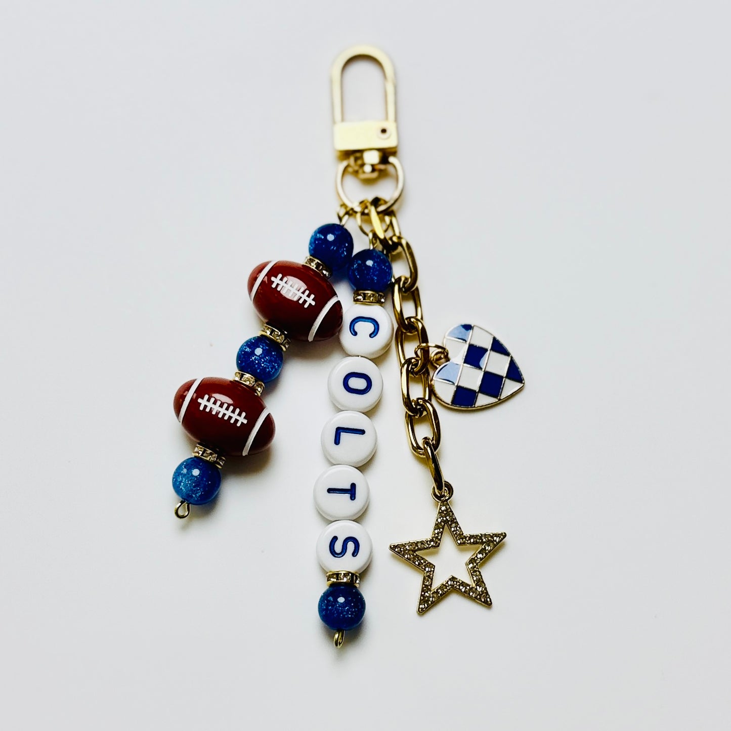 Colts Football Beaded Keychain: Gold Bag Charm with Enamel Heart and Star