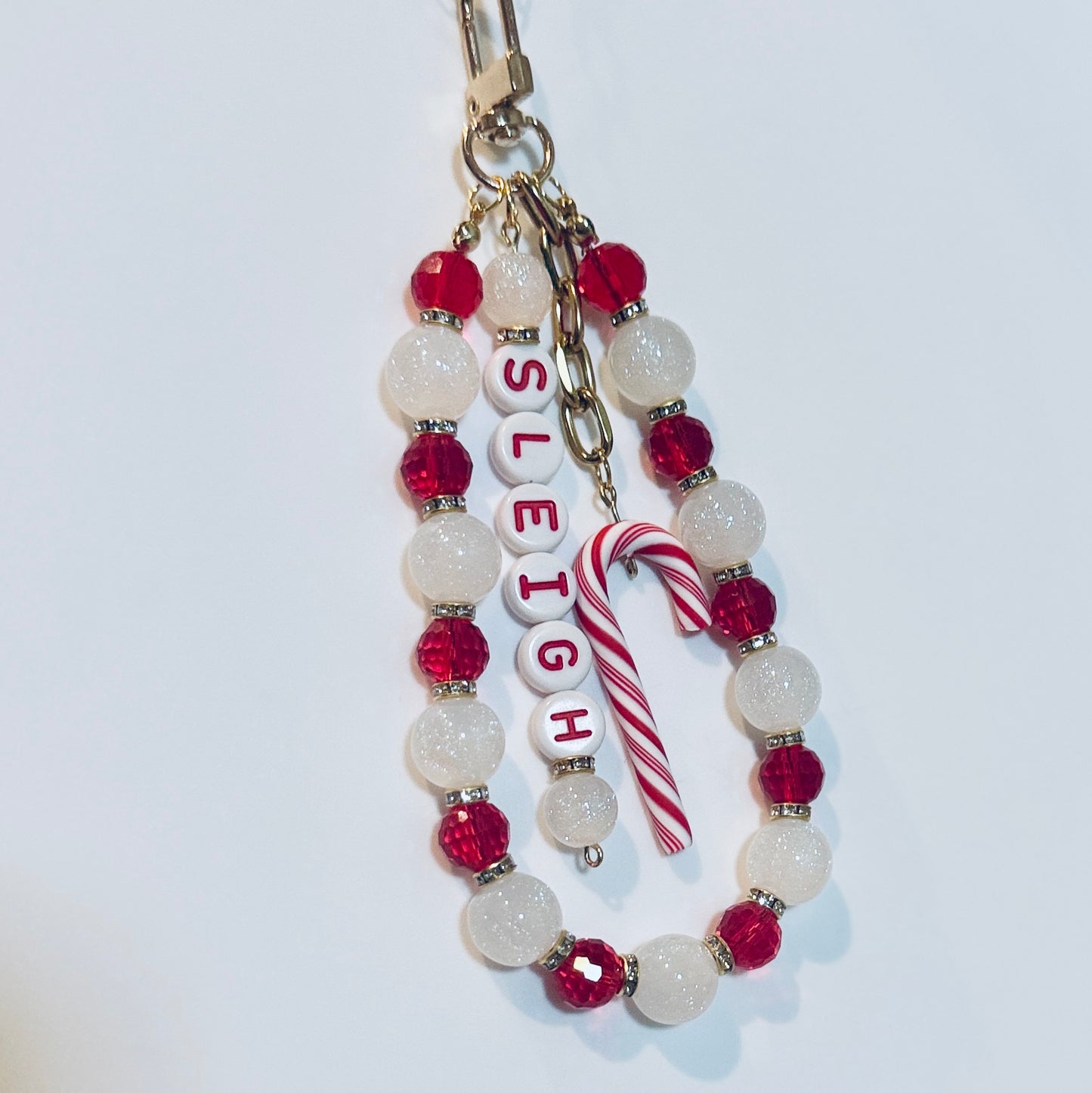 Christmas Bag Charm - Sleigh Gold Keychain with Red and White Beads and Candy Cane Charm