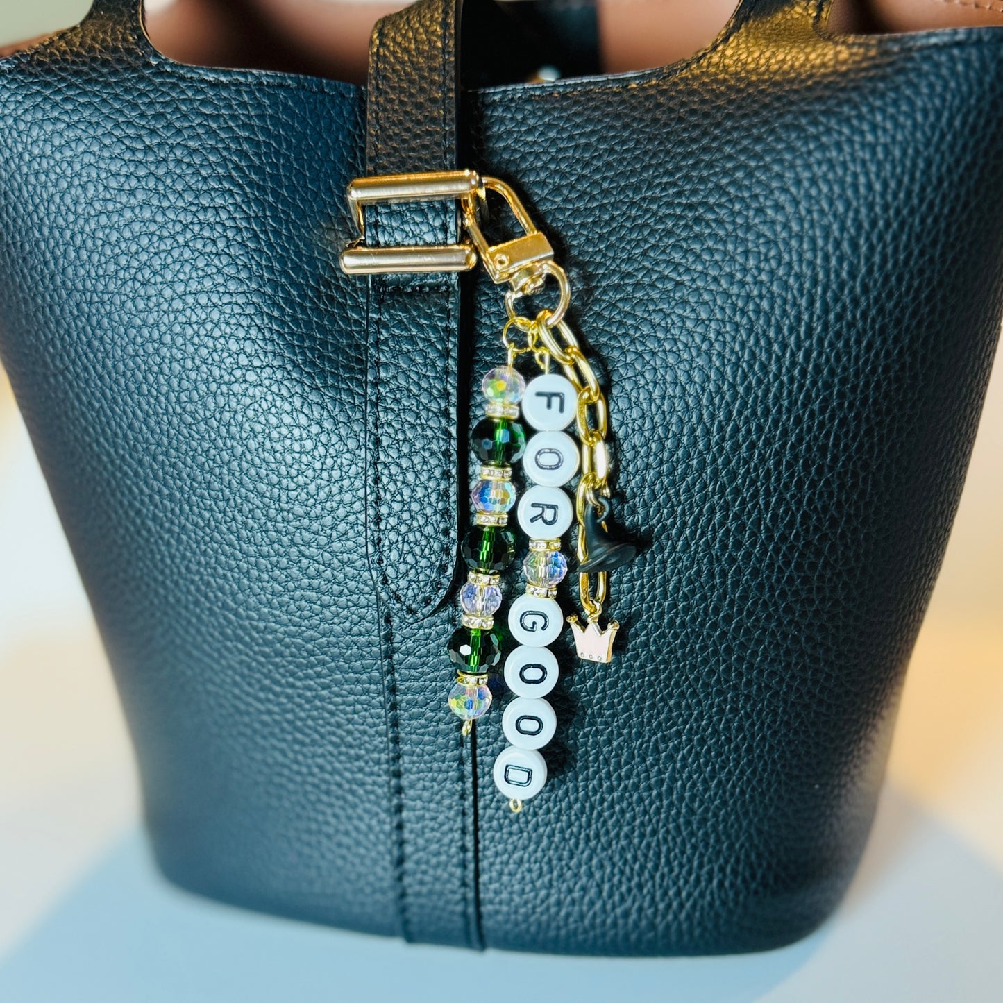 For Good Wicked Bag Charm: Green and Pink Beaded Keychain with Witchy Charms