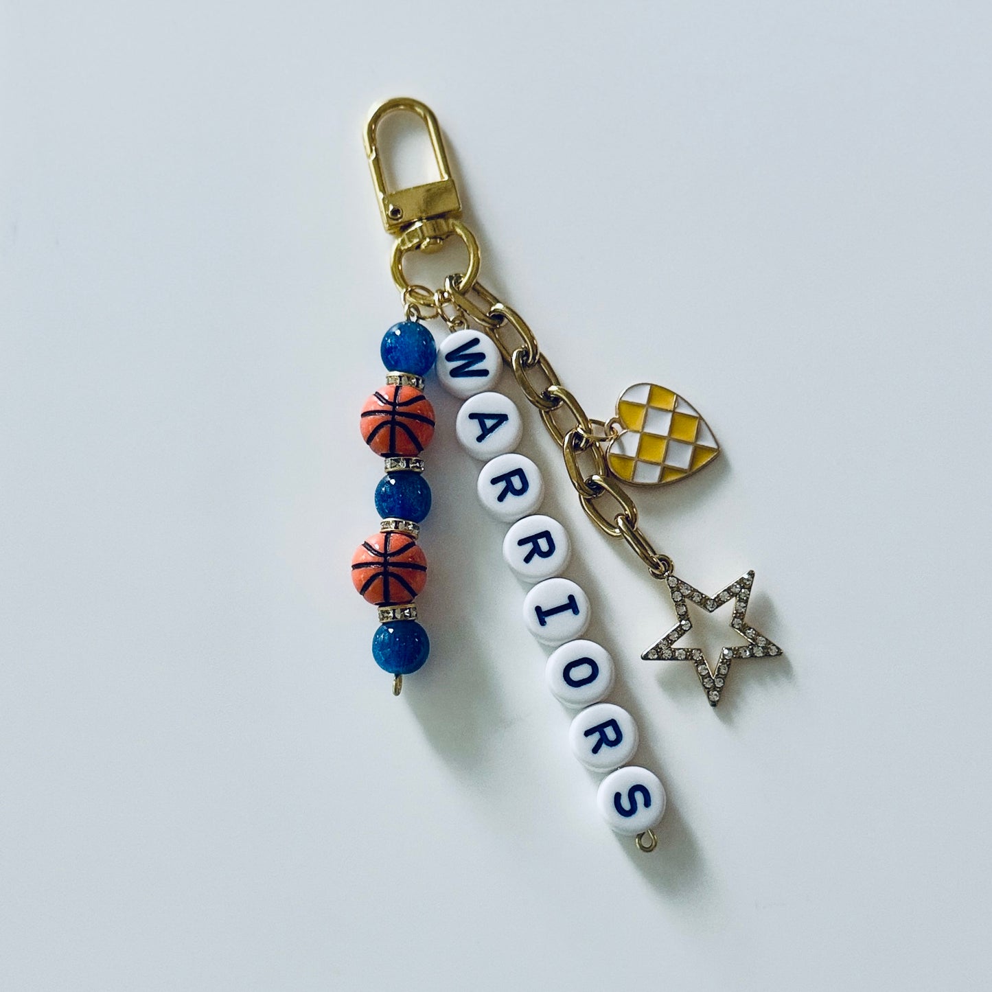 Warriors Basketball Keychain – Blue & Yellow Beaded Keychain with be Star and Heart Charms