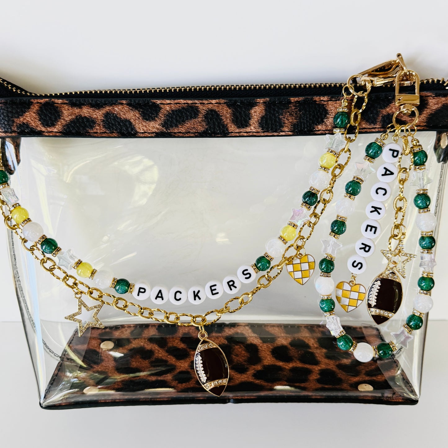 Packers Football Bag Charm | Handmade Beaded Keychain + Bag Chain | Green Bay Game Day Purse Accessory