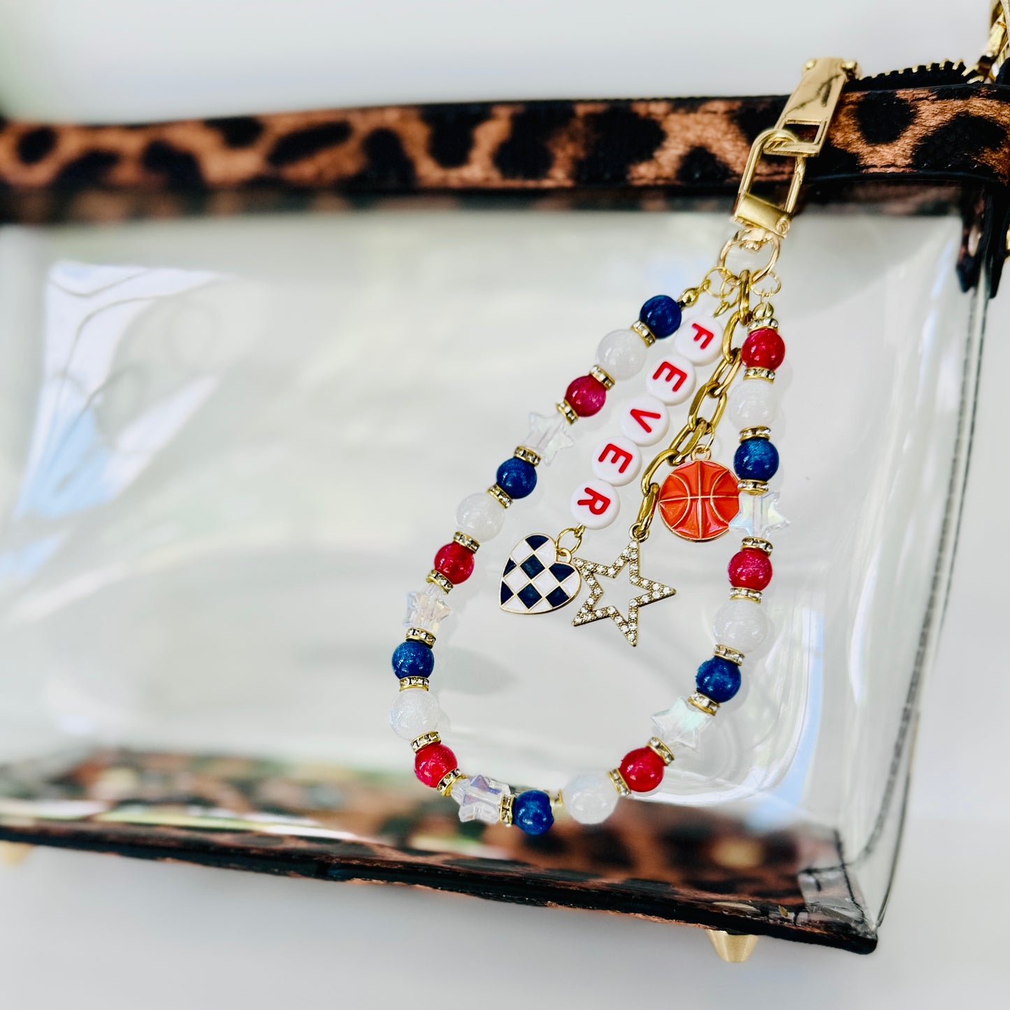 Fever, Women’s Basketball, Red, White, Blue Bag Charm – 6.5” Beaded Keychain with Charms, Sports Bag Accessory, Handmade Resin Beads