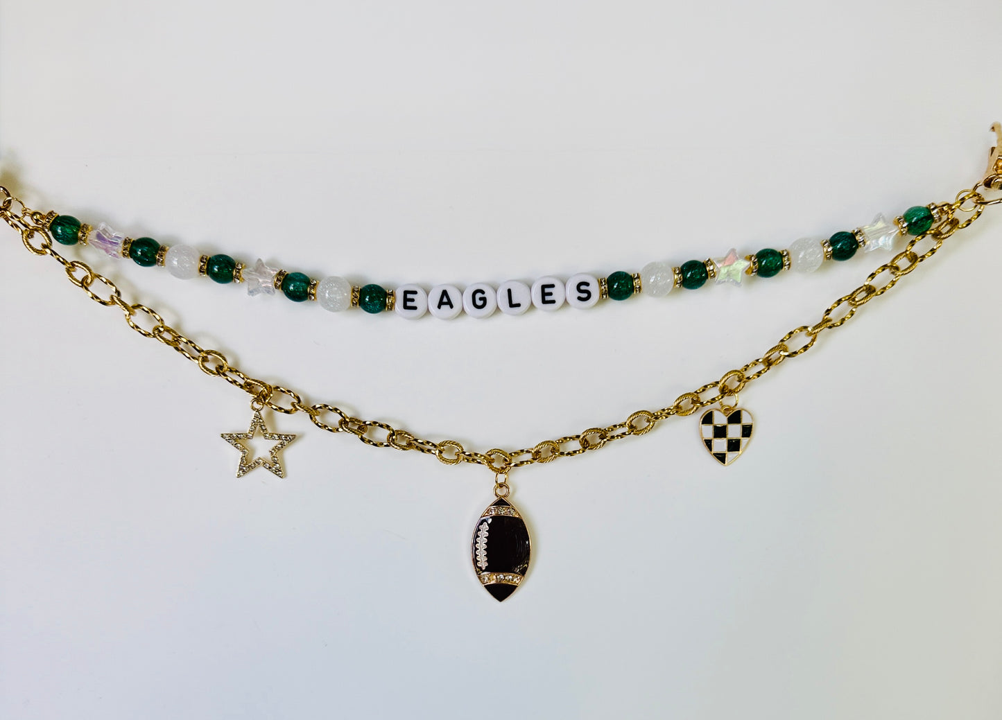 Eagles Green & White Beaded Bag Charm or Gold Chain – Football Purse Accessory, 6” Beaded Charm, 12.5” Chain, Custom Game Day Fit