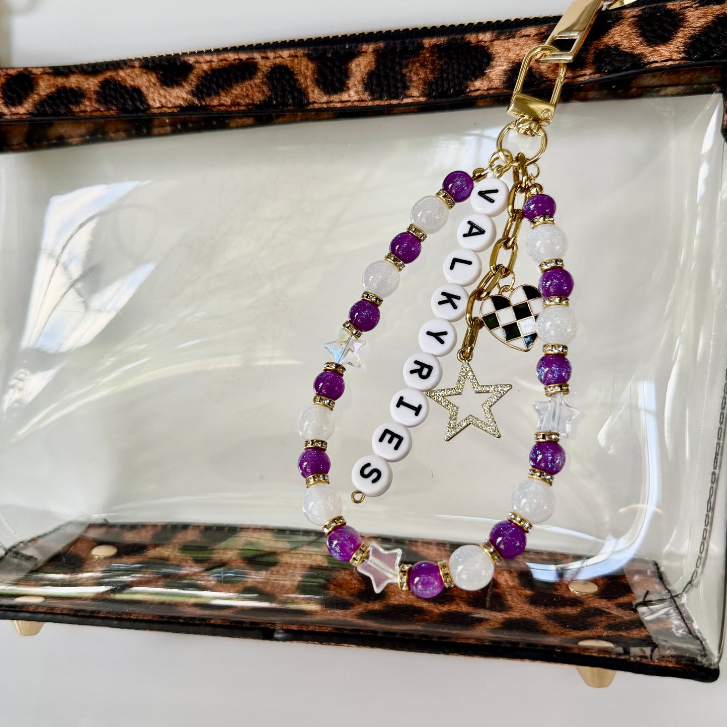 Valkyries Women’s Basketball, Purple, Black, White Basketball Bag Charm – 6.5” Handmade Beaded Keychain with Charms, Sports Bag Accessory, Resin Beads