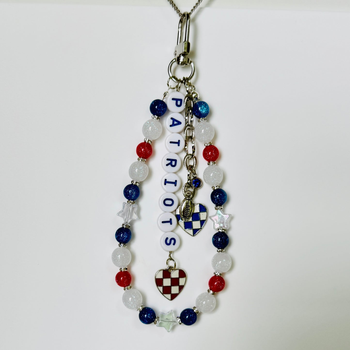 Patriots Football Bag Charm or Chain – Red White Blue Beaded Keychain or Purse Accessory – Game Day Stadium Bag Clip – Handmade Gift