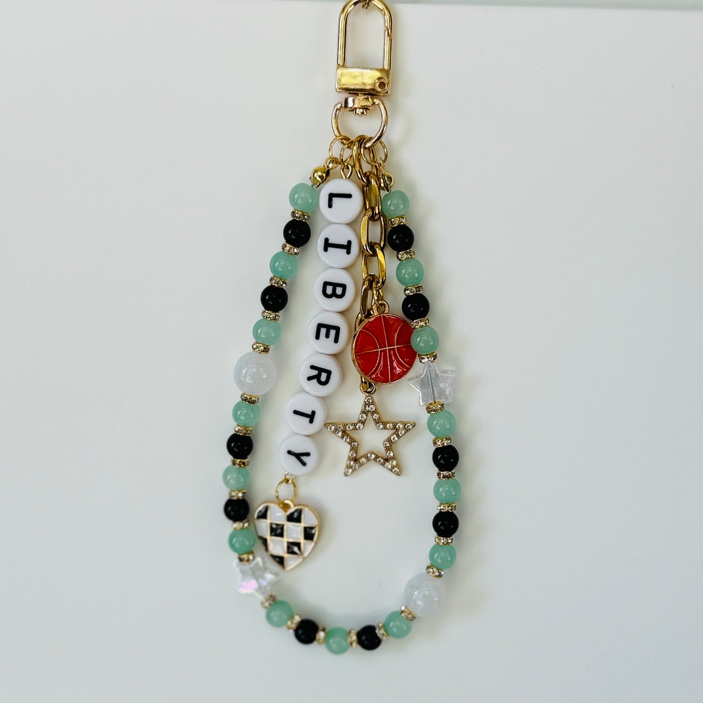 Liberty, Women’s Basketball Bag Charm, Seafoam Green, Black – 6.5” Handmade Beaded Keychain with Charms, Sports Bag Accessory, Resin Beads