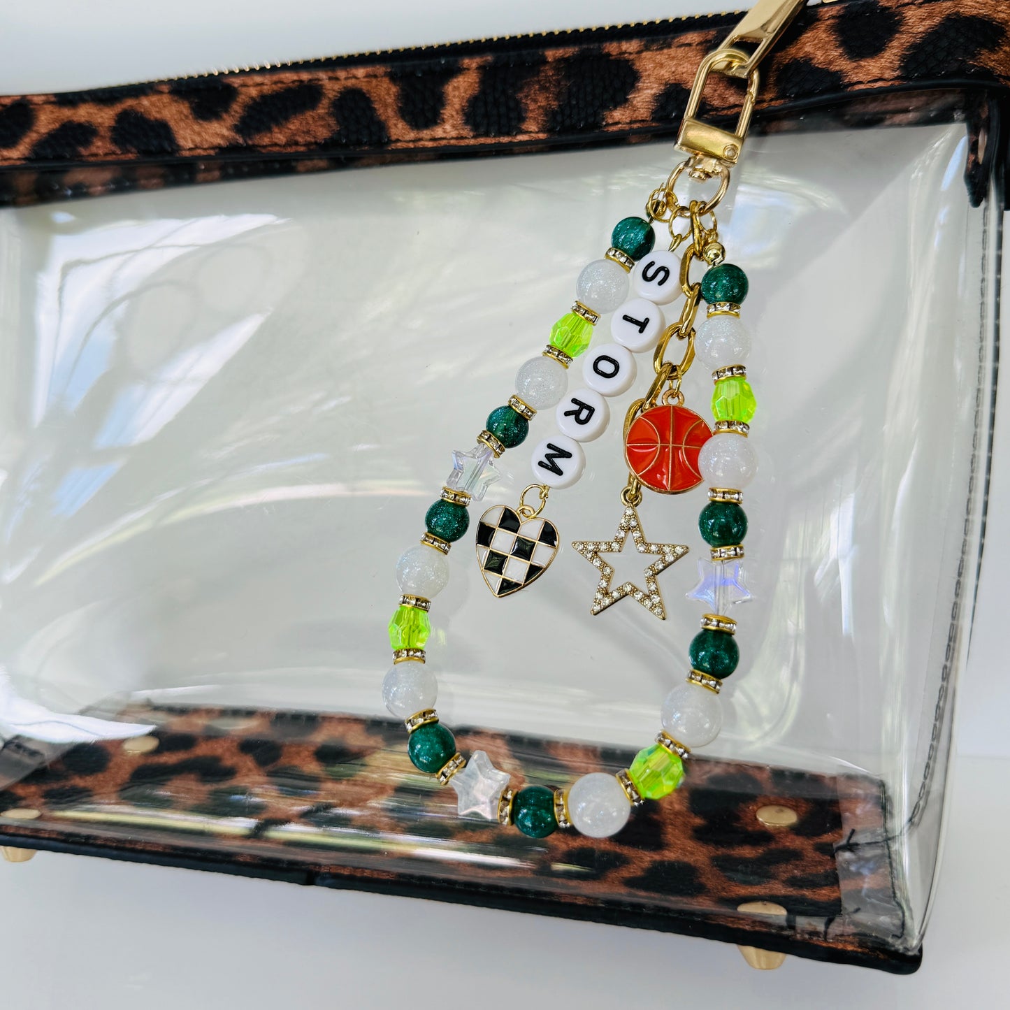 Storm Women’s, Green, White Basketball Bag Charm – 6.5” Handmade Beaded Keychain with Charms, Sports Bag Accessory, Resin Beads