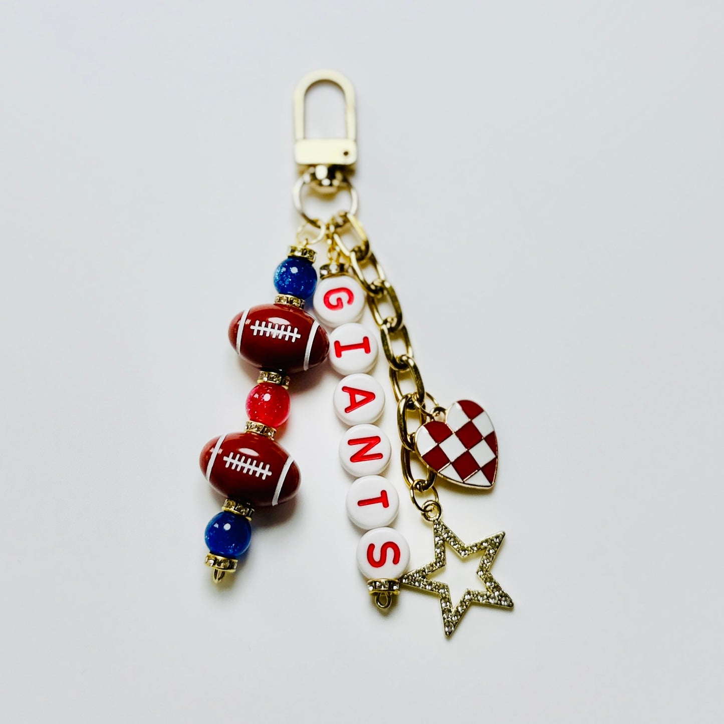 Giants Football Beaded Keychain – Gold Bag Charm with Letter Beads, Football Beads, & Enamel Heart