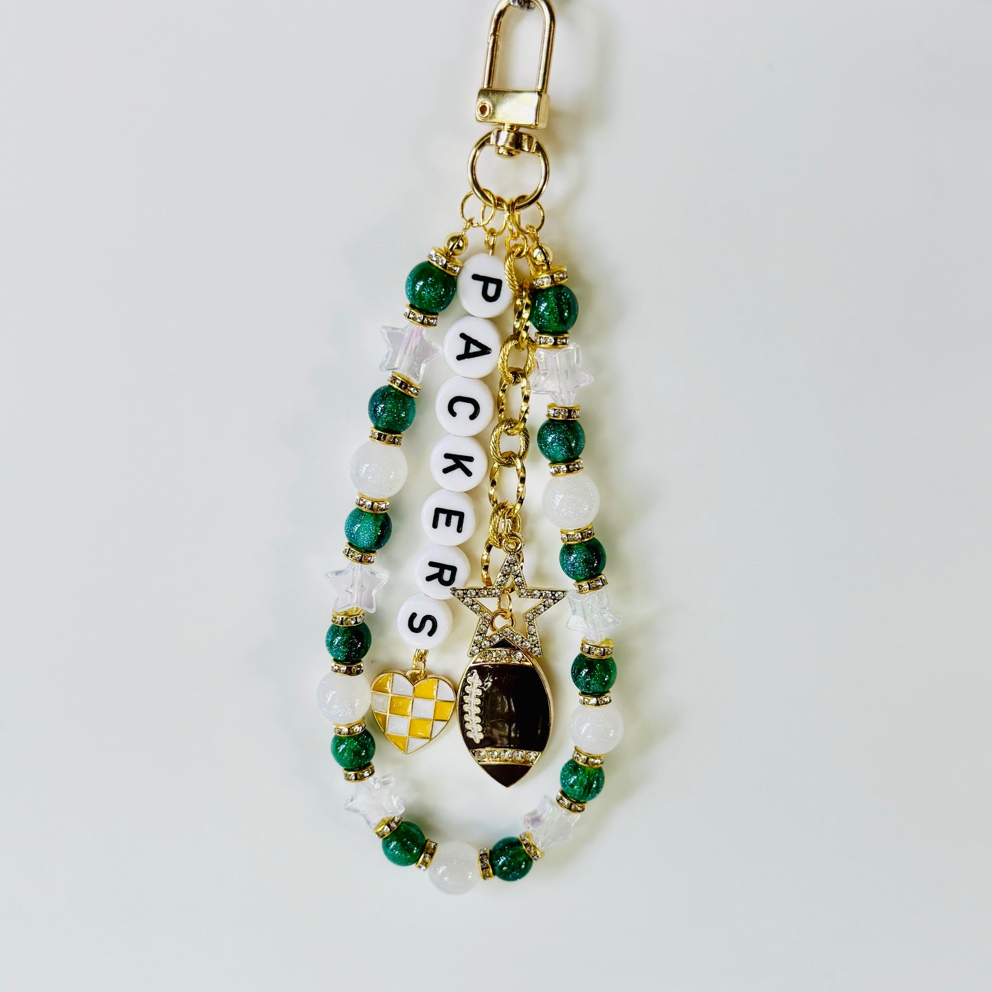 Packers Football Bag Charm | Handmade Beaded Keychain + Bag Chain | Green Bay Game Day Purse Accessory
