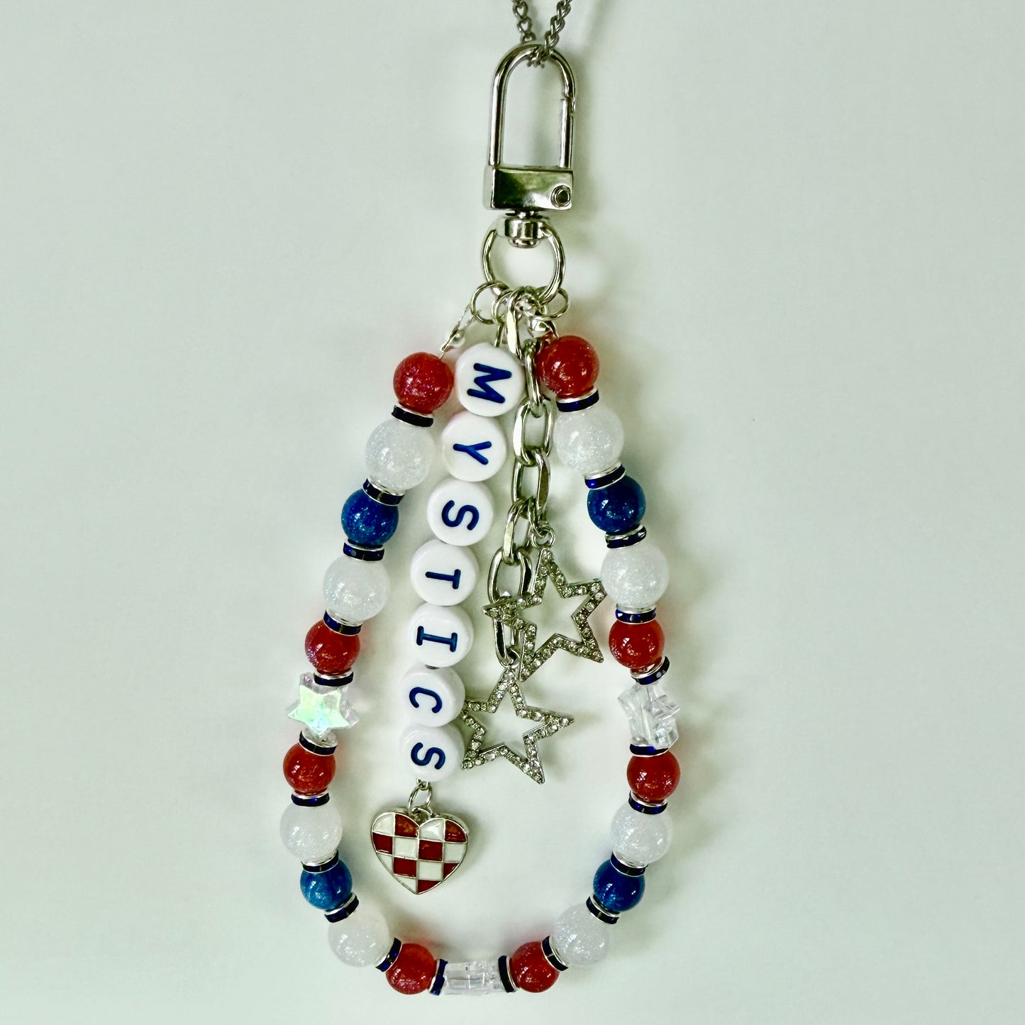 Mystics Women’s Basketball, Silver, Blue, Red, White Basketball Bag Charm – 6.5” Handmade Beaded Keychain with Charms, Sports Bag Accessory, Resin Beads