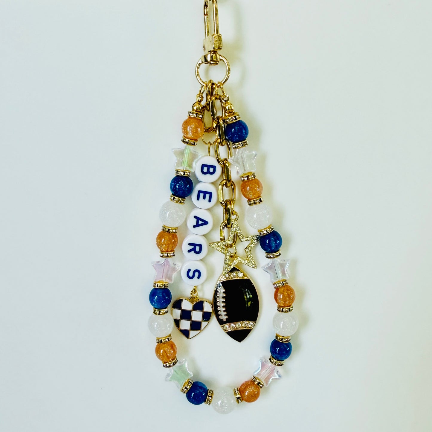 Bears Football Bag Charm or Chain – Orange & Navy Blue Beaded Keychain or Purse Accessory – Game Day Stadium Bag Clip – Handmade Gift