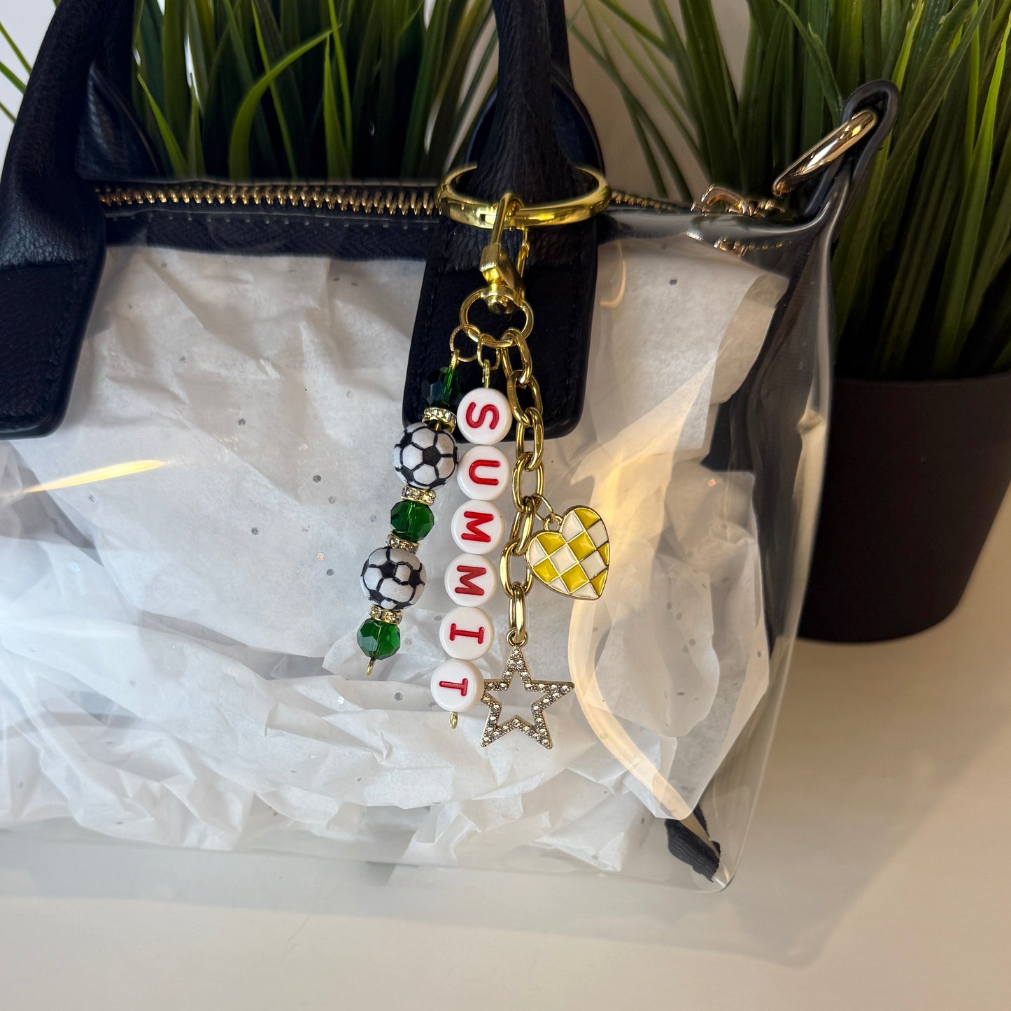 Summit Soccer Bag Charm: Green and Red Beaded Keychain, Gold Keychain with Star and Heart Charms