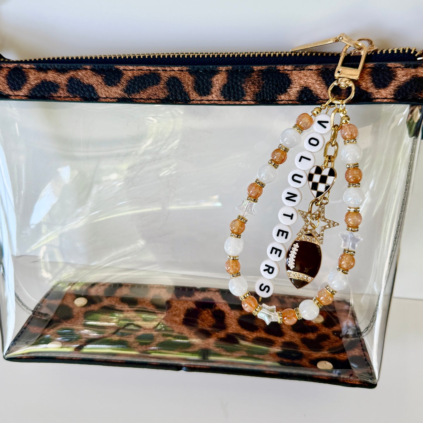 Volunteers College Football Bag Charm – Orange & White Beaded Keychain with Charms – Game Day Purse Clip – Handmade Gift