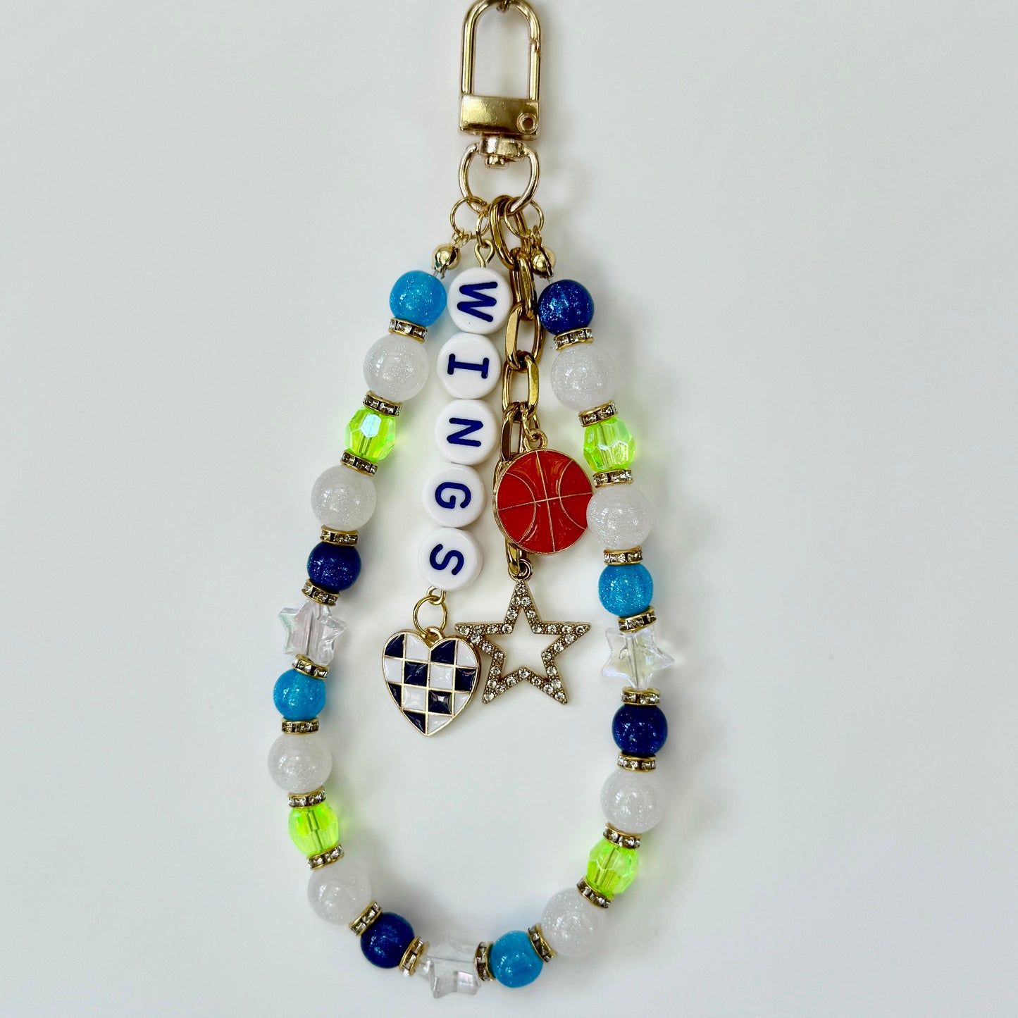 Wings, Women’s Basketball, Blue, Green, Navy, White Basketball Bag Charm – 6.5” Handmade Beaded Keychain with Charms, Sports Bag Accessory, Resin Beads