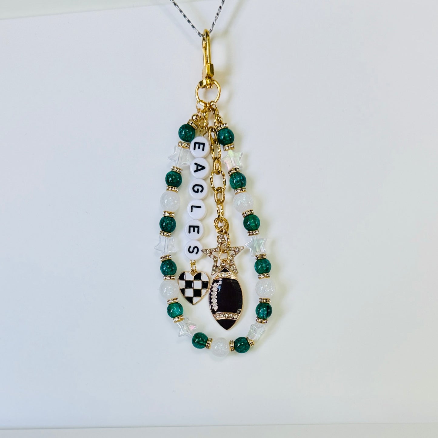 Eagles Green & White Beaded Bag Charm or Gold Chain – Football Purse Accessory, 6” Beaded Charm, 12.5” Chain, Custom Game Day Fit