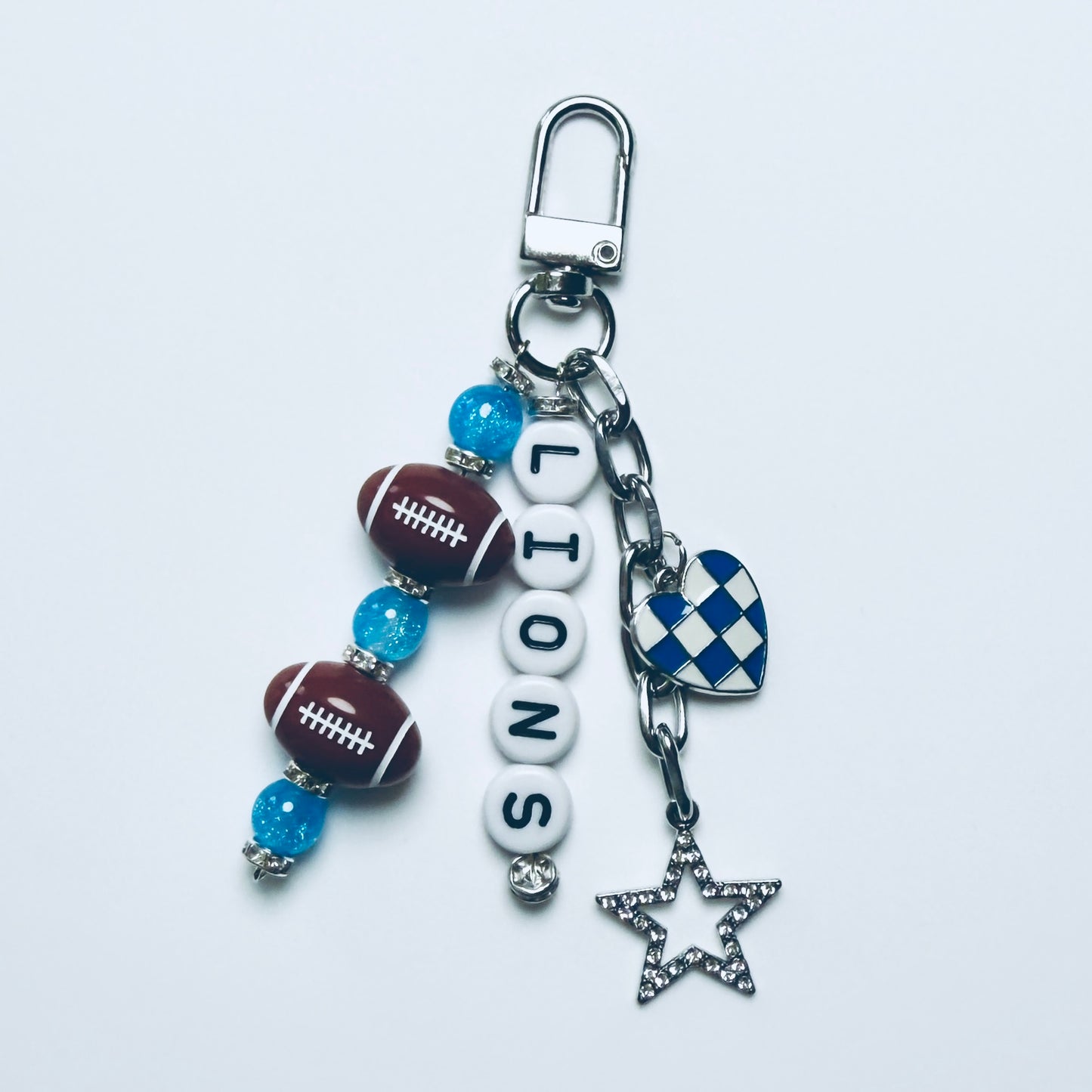 Lions Football Beaded Keychain: Silver Bag Charm with Enamel Heart and Star