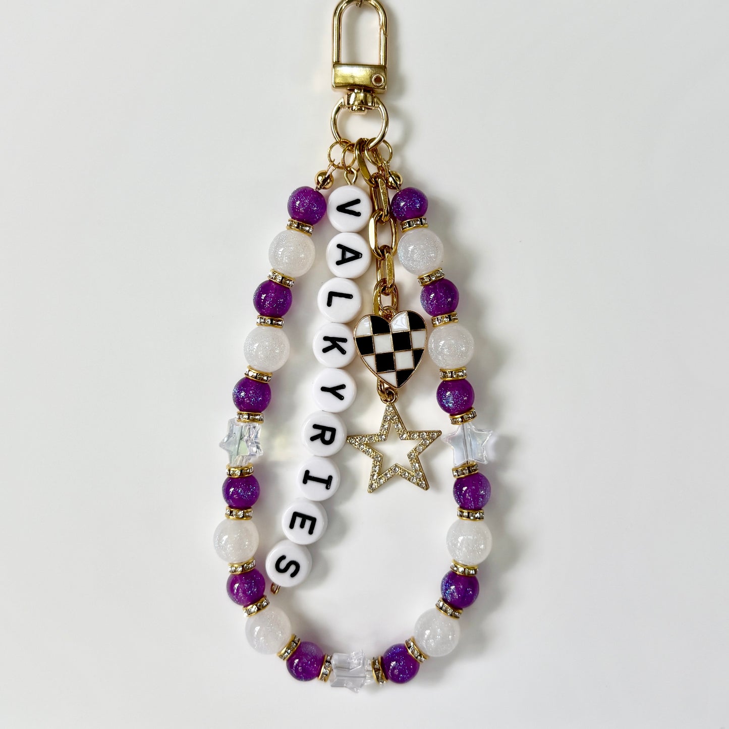 Valkyries Women’s Basketball, Purple, Black, White Basketball Bag Charm – 6.5” Handmade Beaded Keychain with Charms, Sports Bag Accessory, Resin Beads