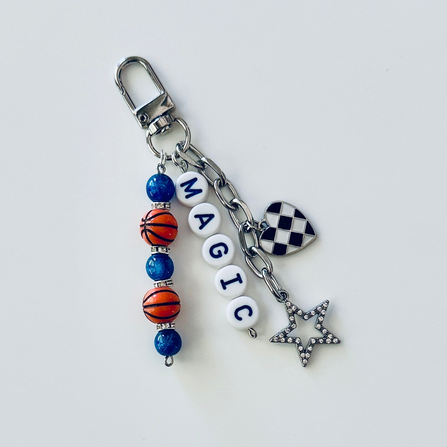 Magic Basketball Keychain – Silver, Black & Blue Beaded Keychain with Star and Heart Charms