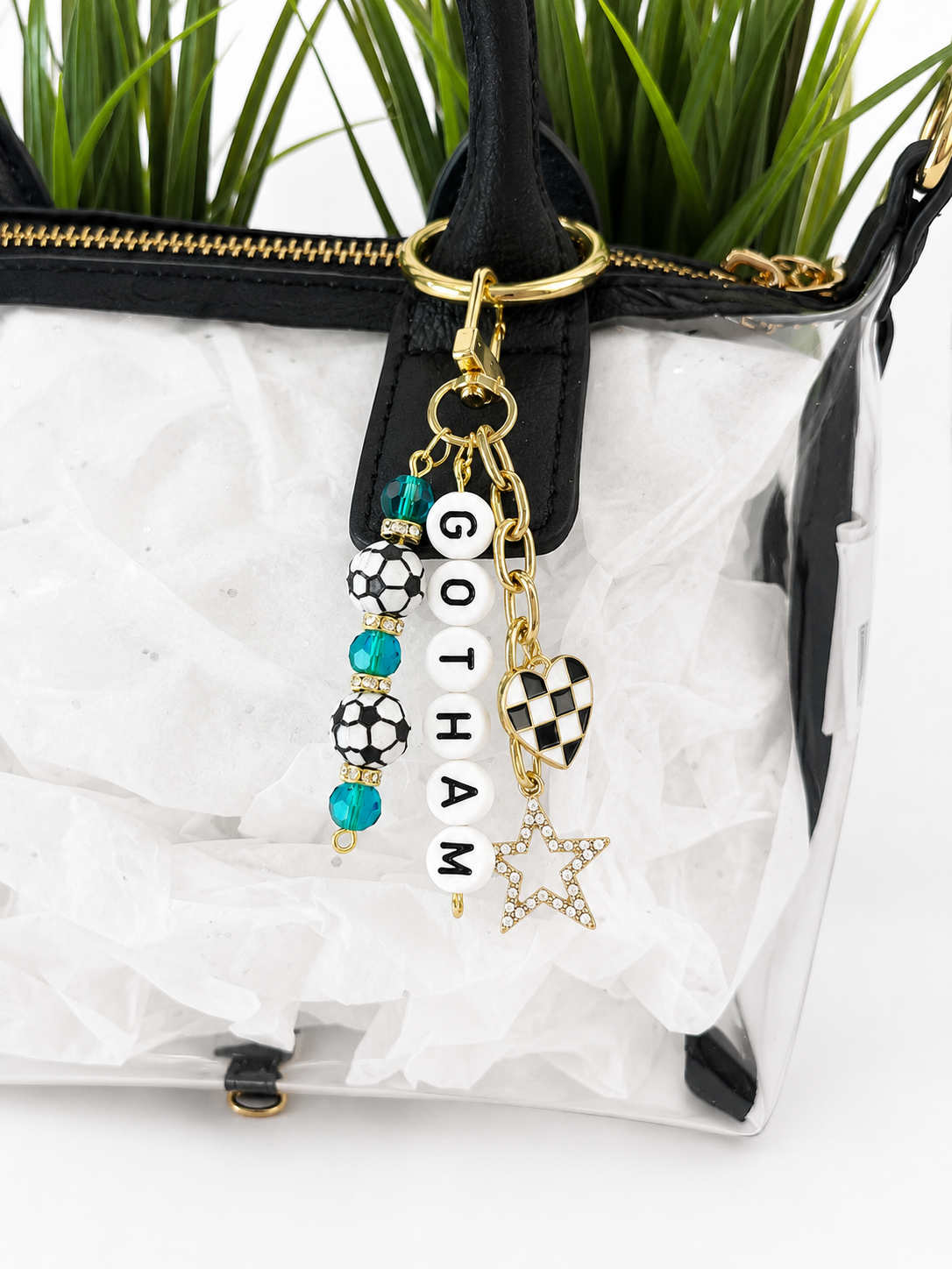 Gotham Soccer Bag Charm: Sky Blue Beaded Keychain, Gold Keychain with Star and Heart Charms