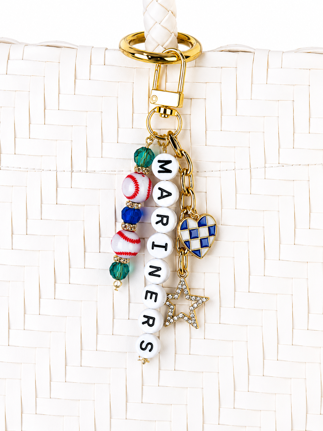 Baseball Beaded Bag Charm: Baseball Keychain with Letter Beads